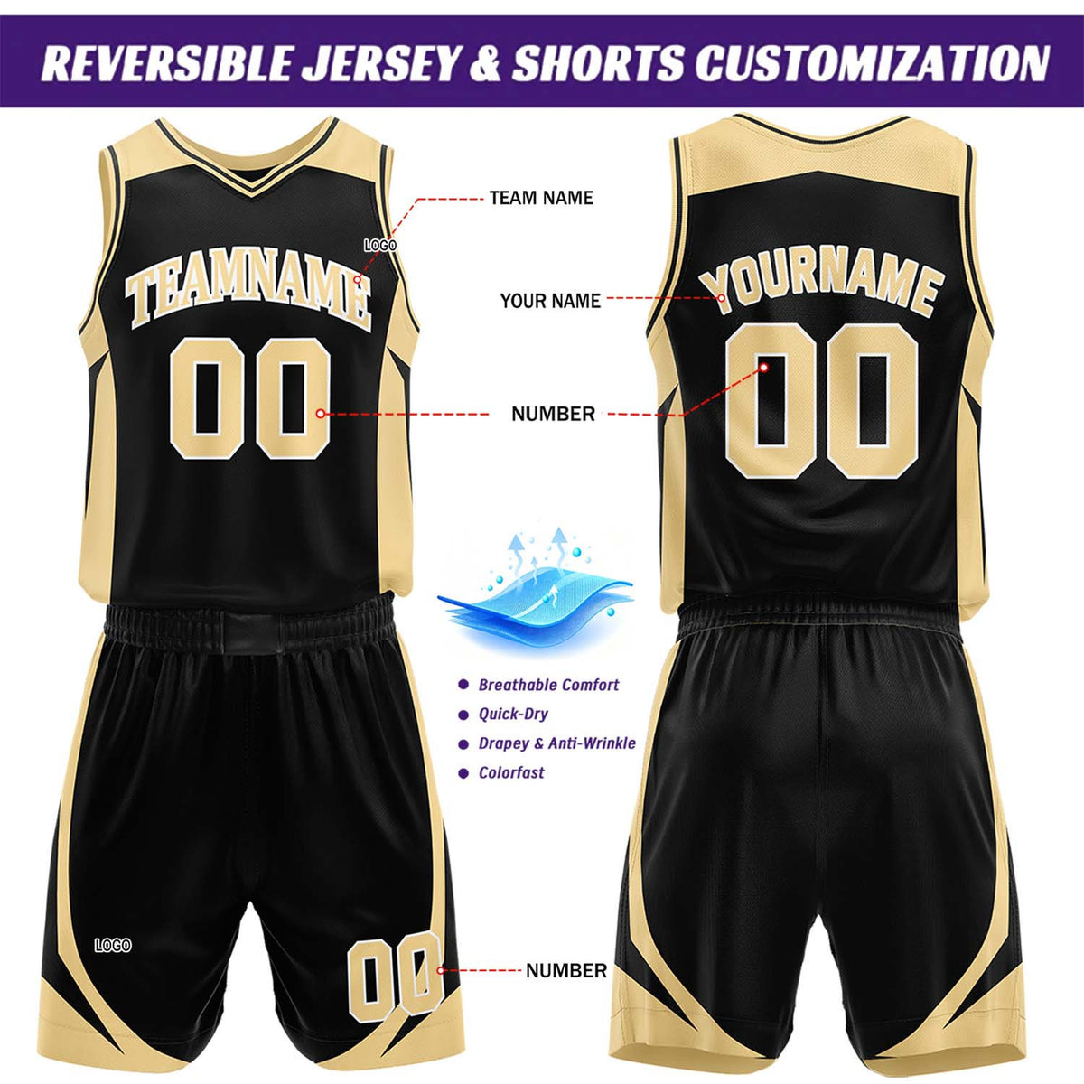 Custom Black & Gold Reversible Basketball Jersey Short Set | Personalized Team Uniforms Set for Adult Youth