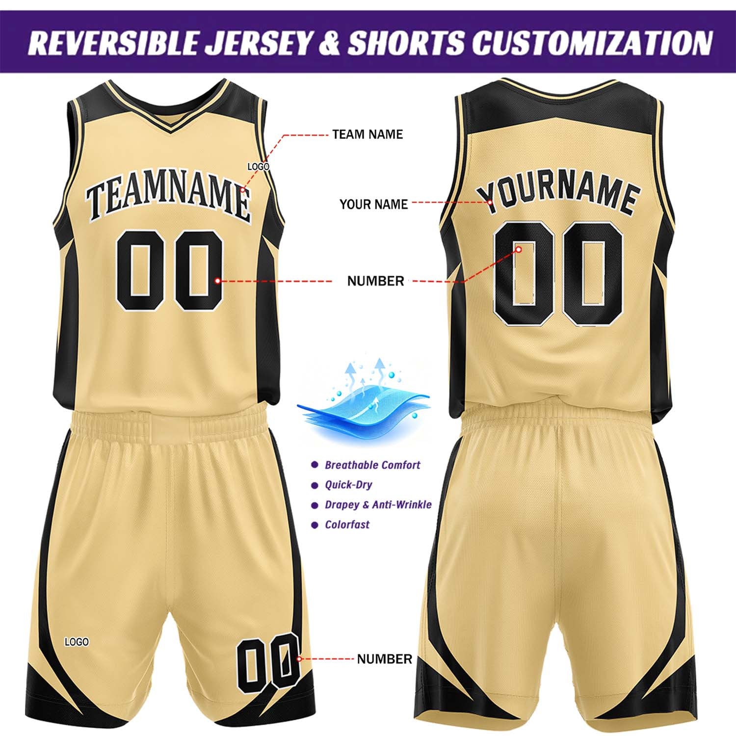 Custom Black & Gold Reversible Basketball Jersey Short Set | Personalized Team Uniforms Set for Adult Youth