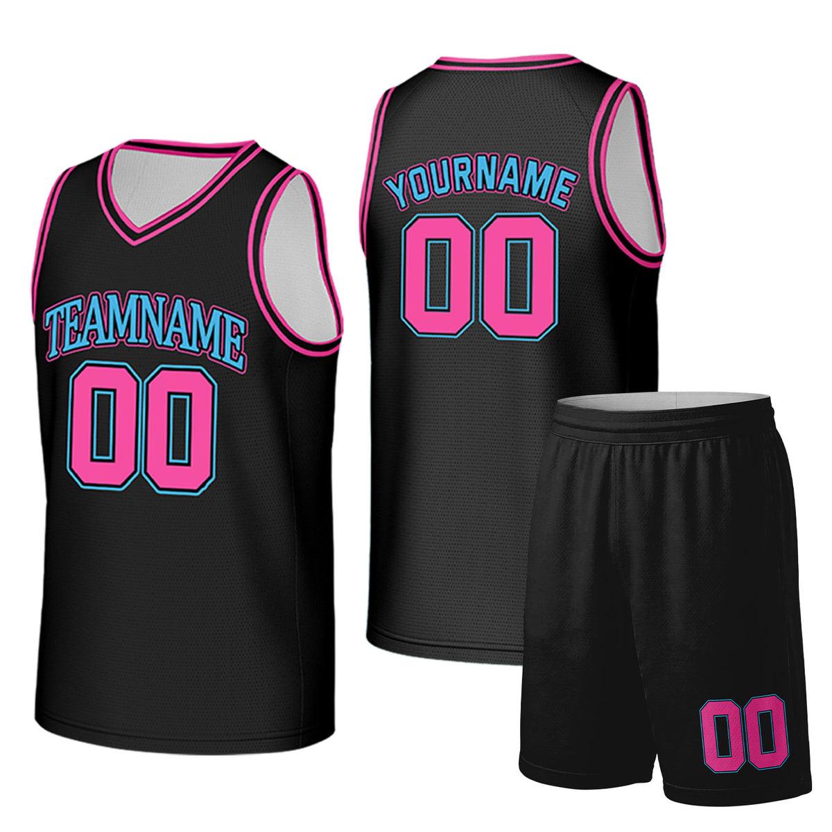 Custom black and hot pink basketball uniform set by Vosoli. Personalized team name, player name, number and logo. Breathable mesh jersey and shorts for high school, college and AAU teams.