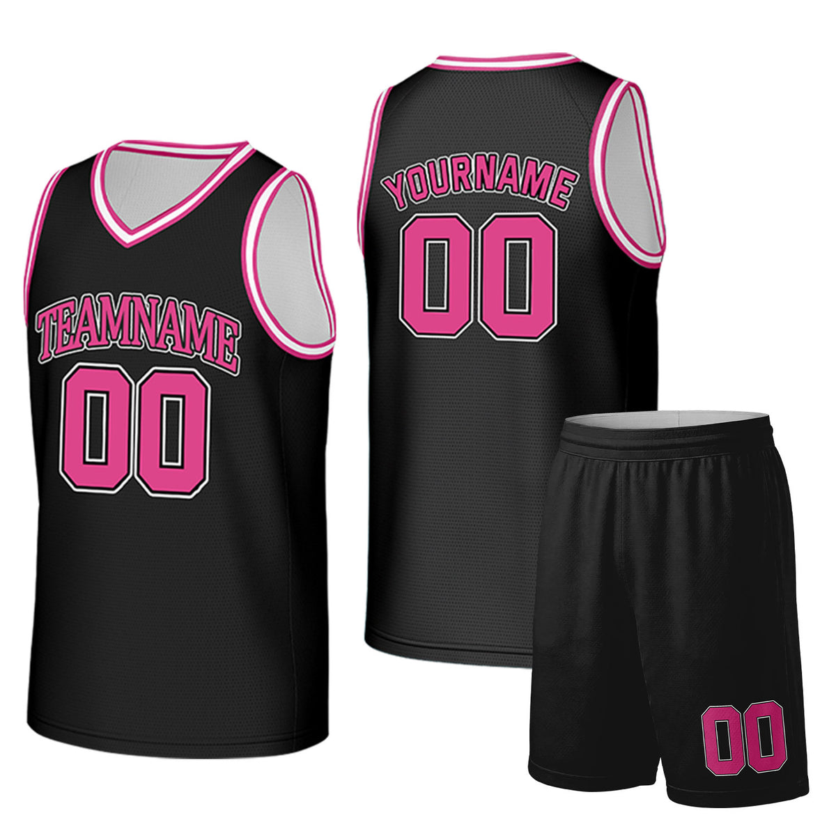 Custom black and hotpink basketball uniform set by Vosoli. Personalized team name, player name, number and logo. Breathable mesh jersey and shorts for high school, college and AAU teams.