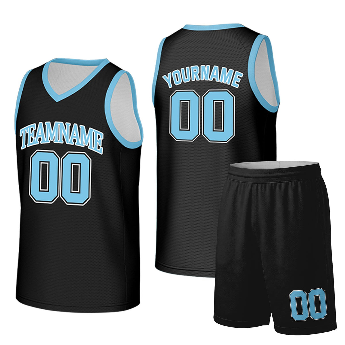 Custom black and light blue basketball uniform set by Vosoli. Personalized team name, player name, number and logo. Breathable mesh jersey and shorts for high school, college and AAU teams.