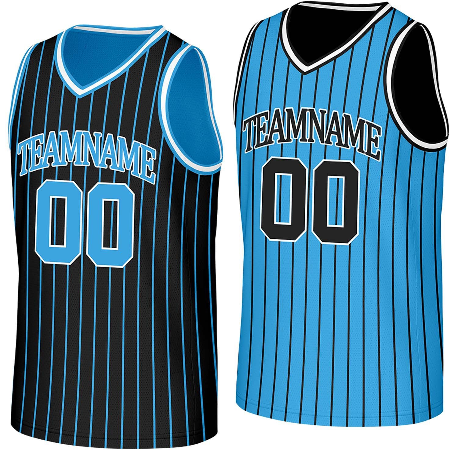 Custom black & light blue pinstripe reversible basketball jersey by Vosoli | Personalized team name, number & logo | Breathable mesh reversible sport jersey