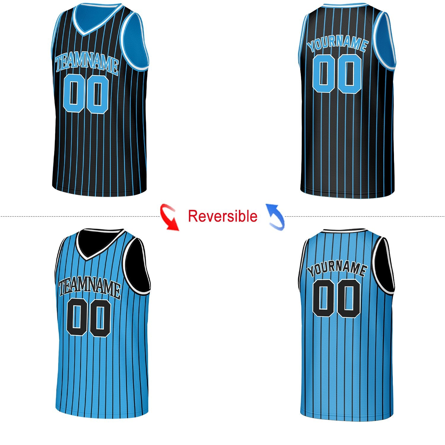 Custom Black & Light Blue Pinstripe Reversible Basketball Jersey | Personalized Name Number Mesh Sports Jersey