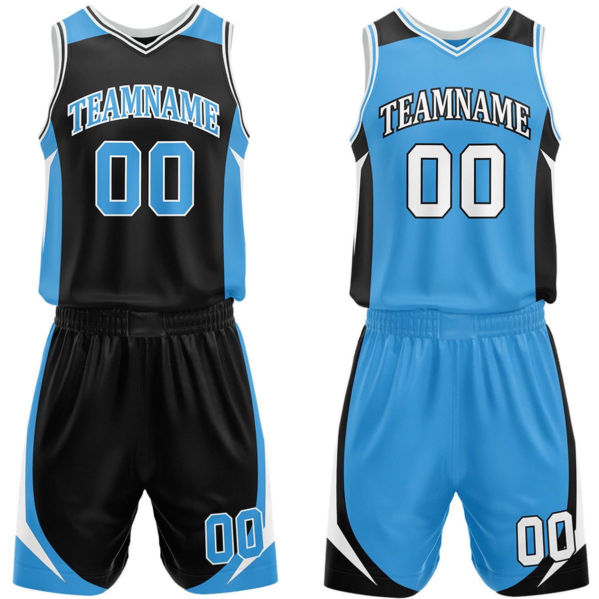 Custom black and light blue reversible basketball uniform by Vosoli. Personalized with team name, number, and logo. Breathable mesh jersey and shorts for high school, college, and AAU teams.