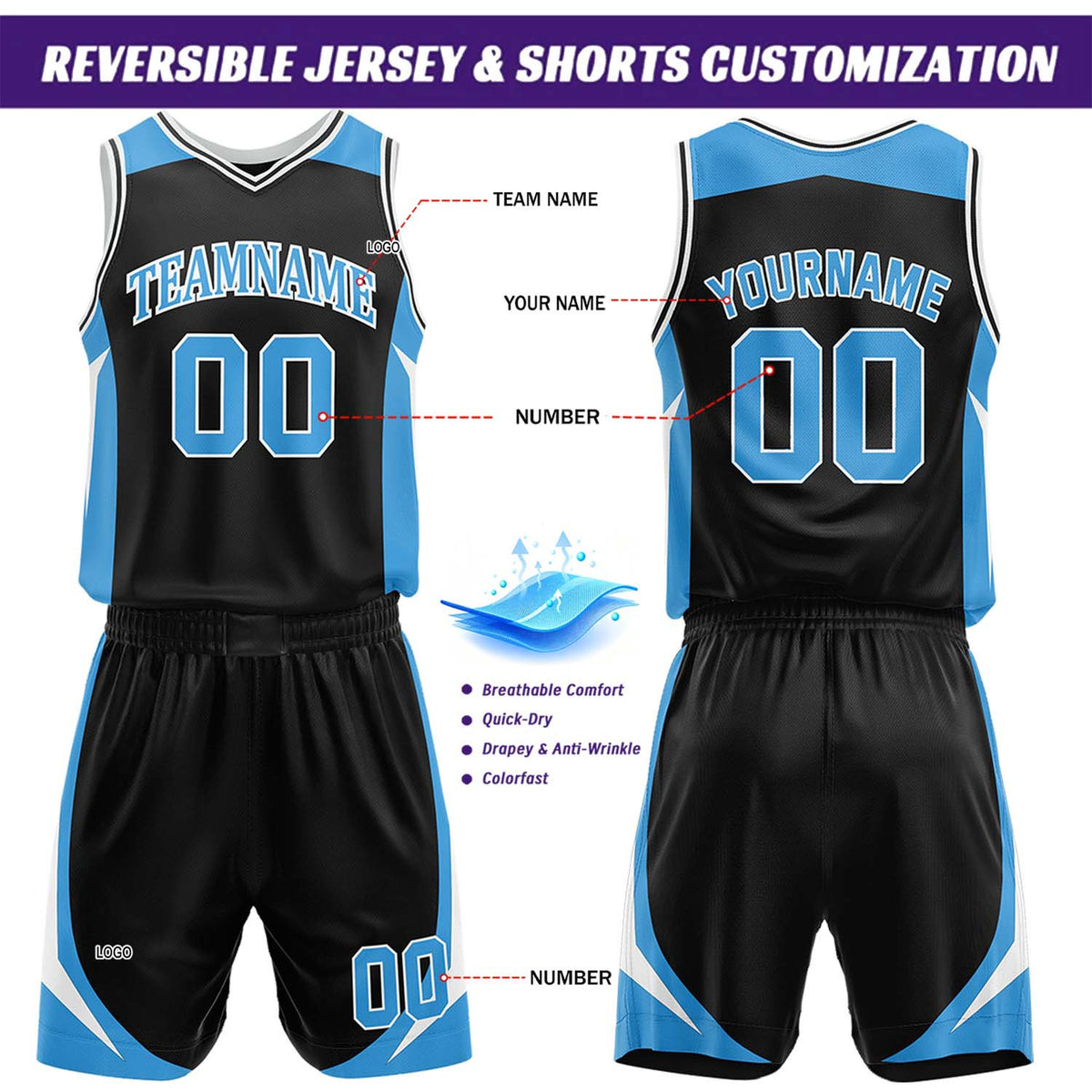 Custom Black & Light Blue Reversible Basketball Jersey Short Set | Personalized Team Uniforms Set for Adult Youth