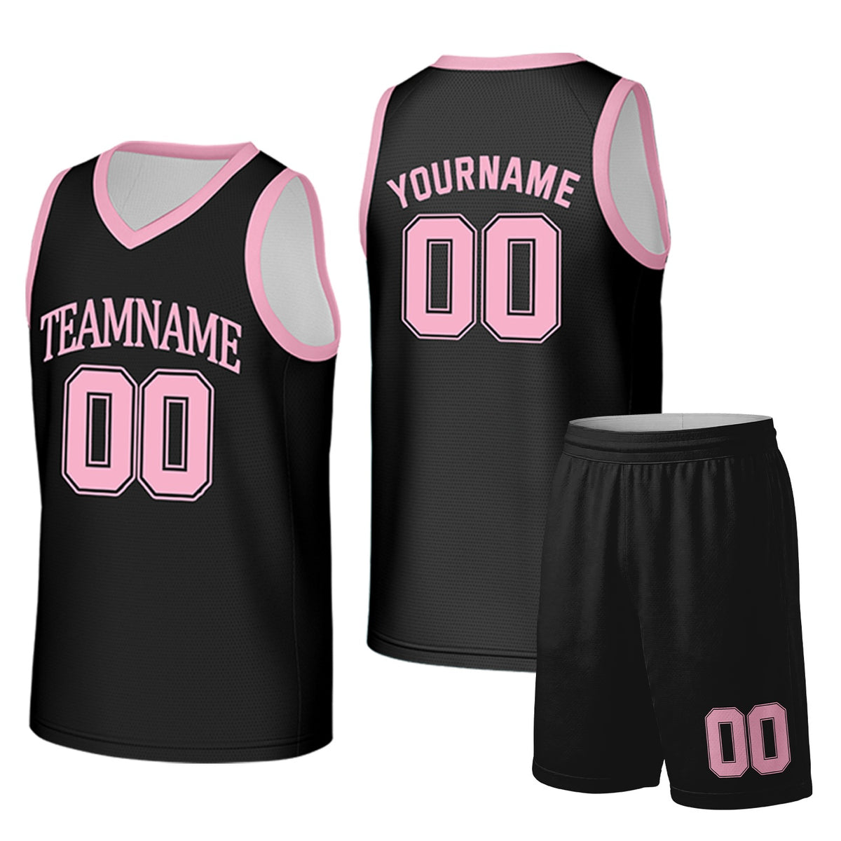 Custom black and light pink basketball uniform set by Vosoli. Personalized team name, player name, number and logo. Breathable mesh jersey and shorts for high school, college and AAU teams.