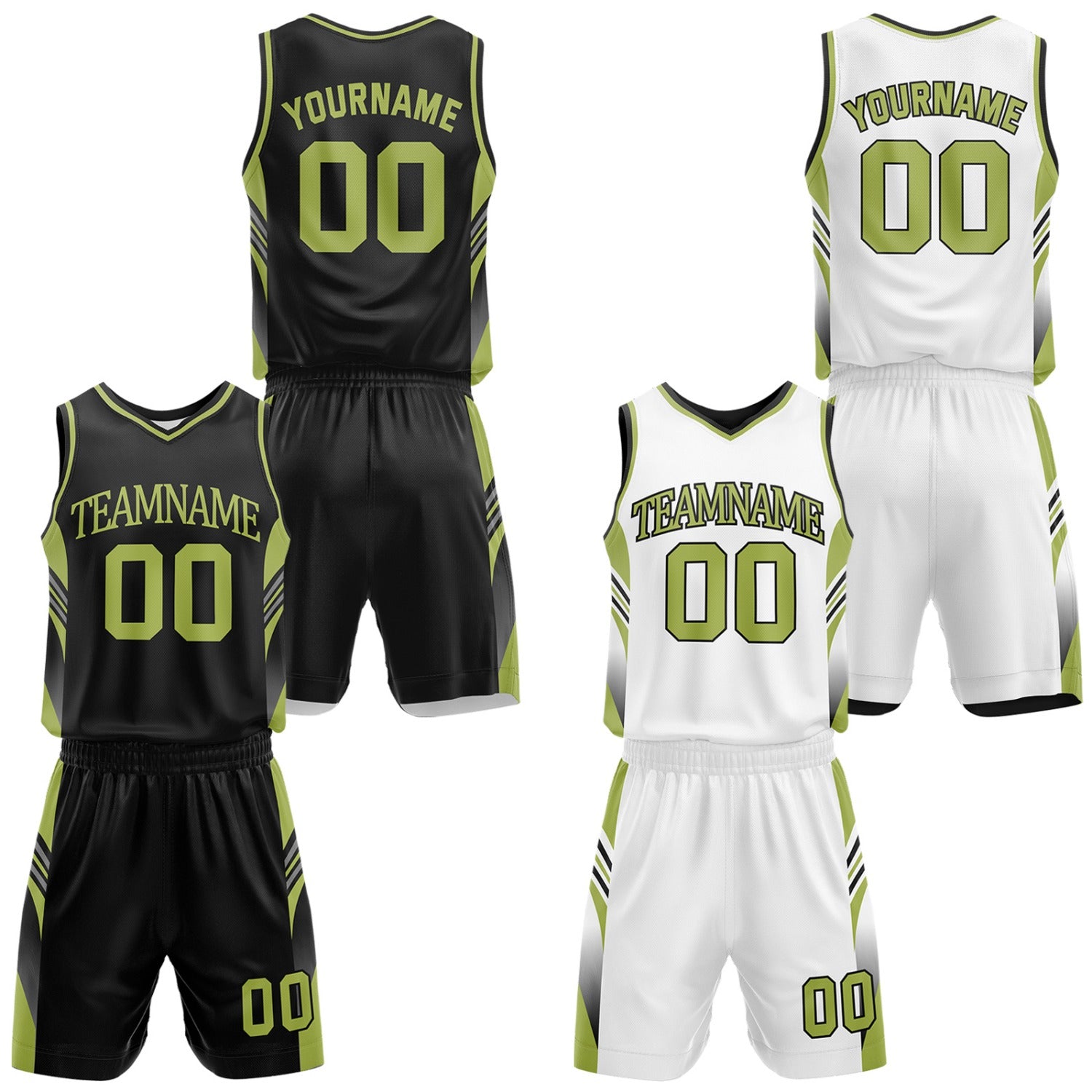 Custom black and lime green reversible basketball uniform by Vosoli. Personalized with team name, number, and logo. Breathable mesh jersey and shorts for high school, college, AAU teams.