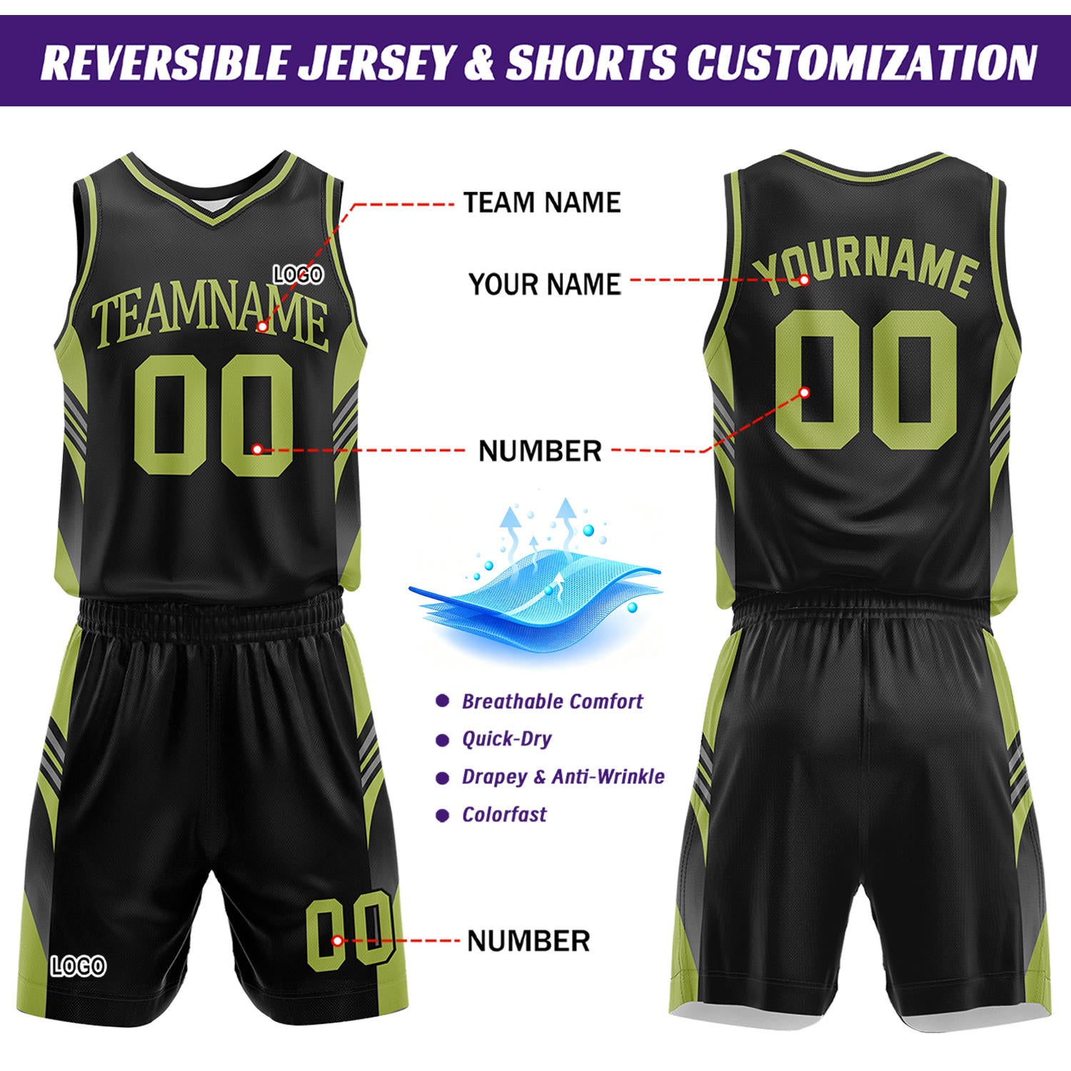 Custom Black & Lime Green Reversible Basketball Uniform Set | Personalized Team Jersey Kit