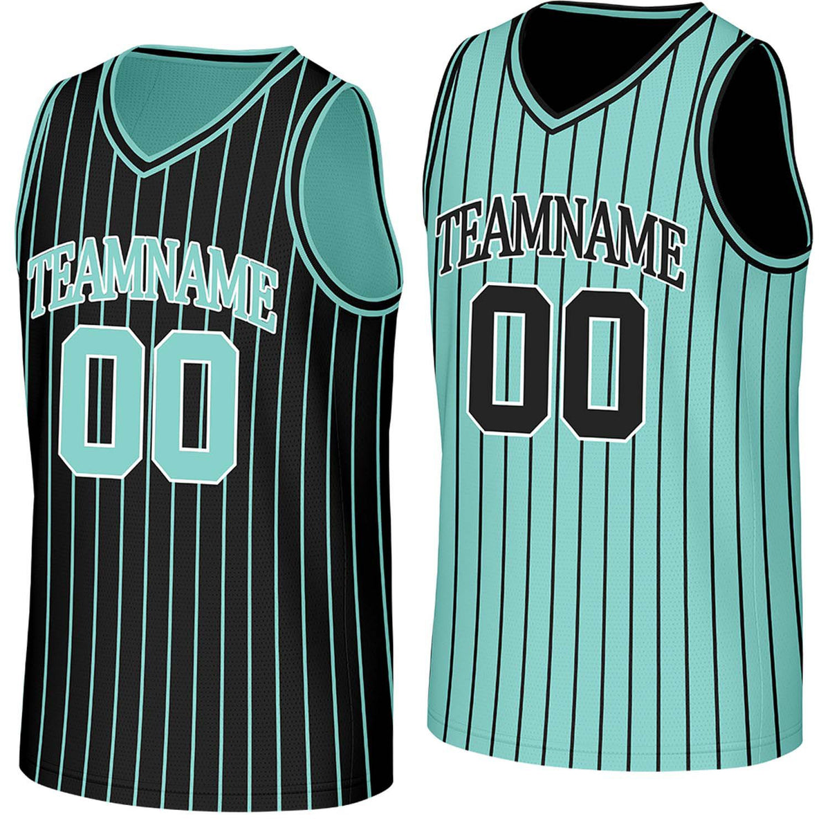 Custom black &amp; mint pinstripe reversible basketball jersey by Vosoli | Personalized team name, number &amp; logo | Breathable mesh reversible sport jersey