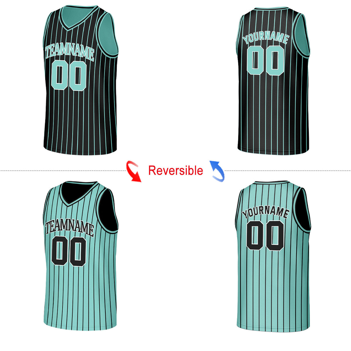 Custom Black & Mint Pinstripe Reversible Basketball Jersey | Personalized Name Number Mesh Sports Jersey