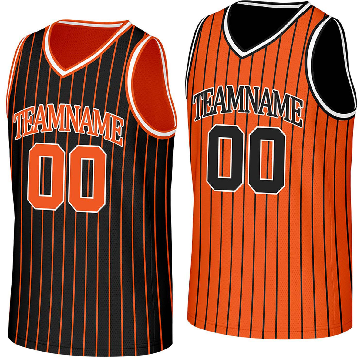 Custom black &amp; orange pinstripe reversible basketball jersey by Vosoli | Personalized team name, number &amp; logo | Breathable mesh reversible sport jersey