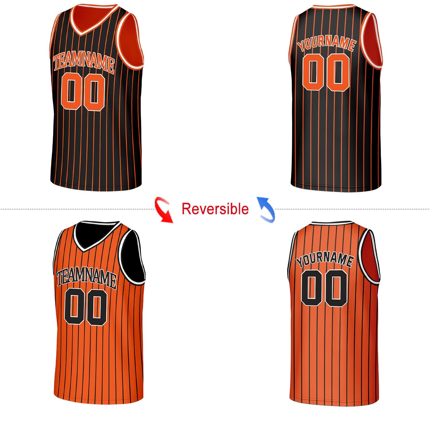 Custom Black & Orange Pinstripe Reversible Basketball Jersey | Personalized Name Number Mesh Sports Jersey