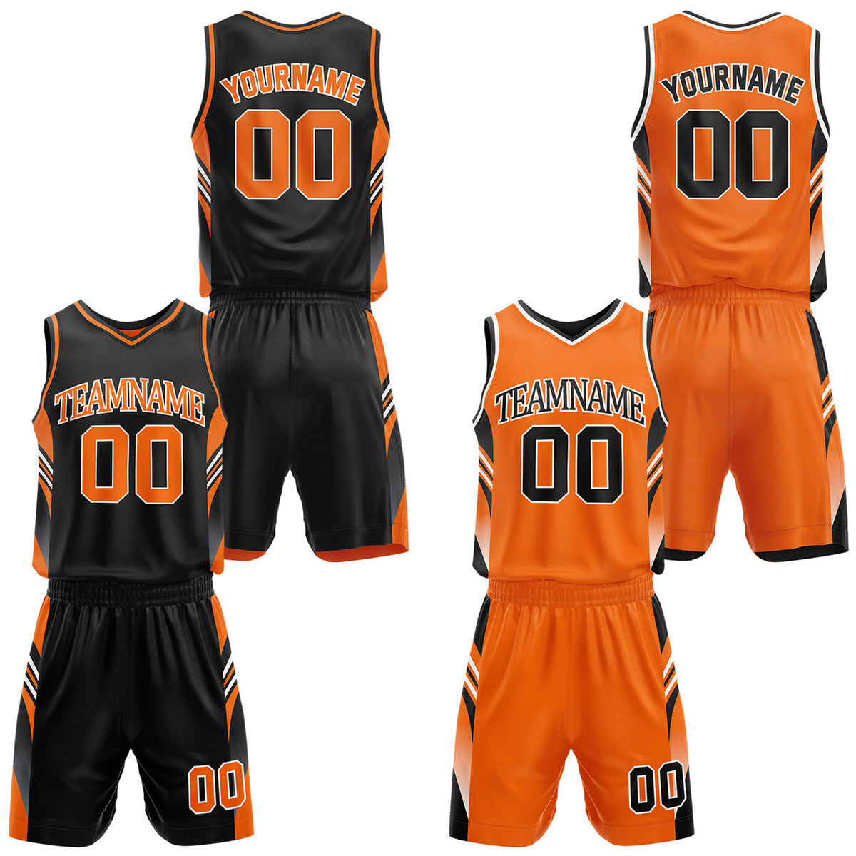 Custom black and orange reversible basketball uniform by Vosoli. Personalized with team name, number, and logo. Breathable mesh jersey and shorts for high school, college, AAU teams.