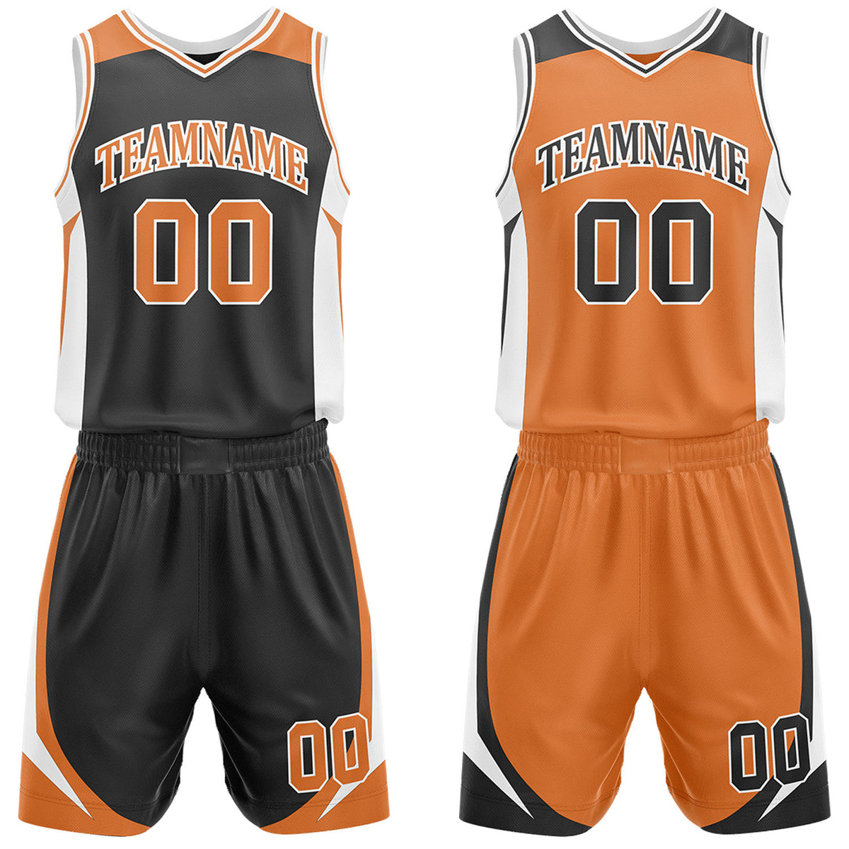 Custom black and orange reversible basketball uniform by Vosoli. Personalized with team name, number, and logo. Breathable mesh jersey and shorts for high school, college, and AAU teams.