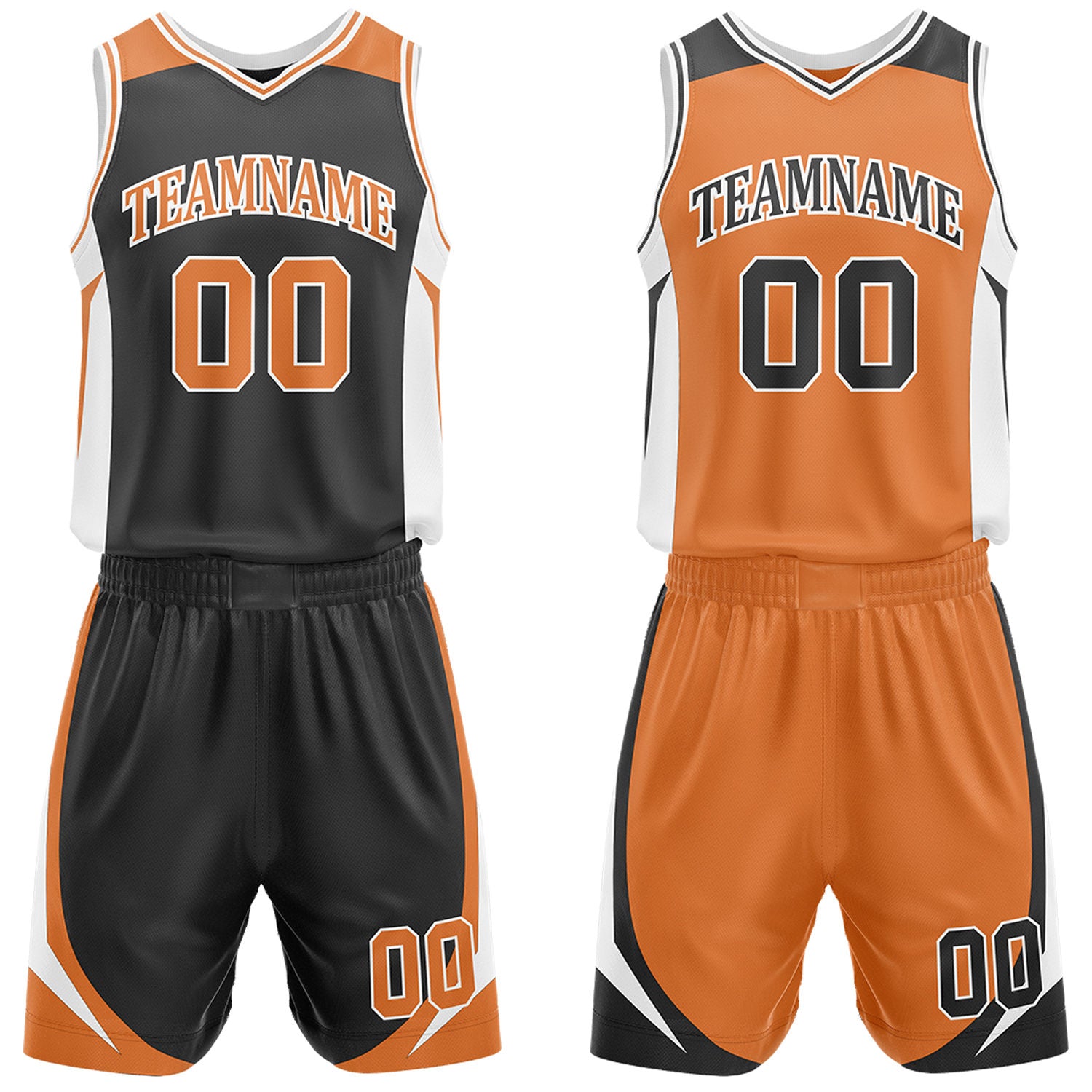 Custom black and orange reversible basketball uniform by Vosoli. Personalized with team name, number, and logo. Breathable mesh jersey and shorts for high school, college, and AAU teams.