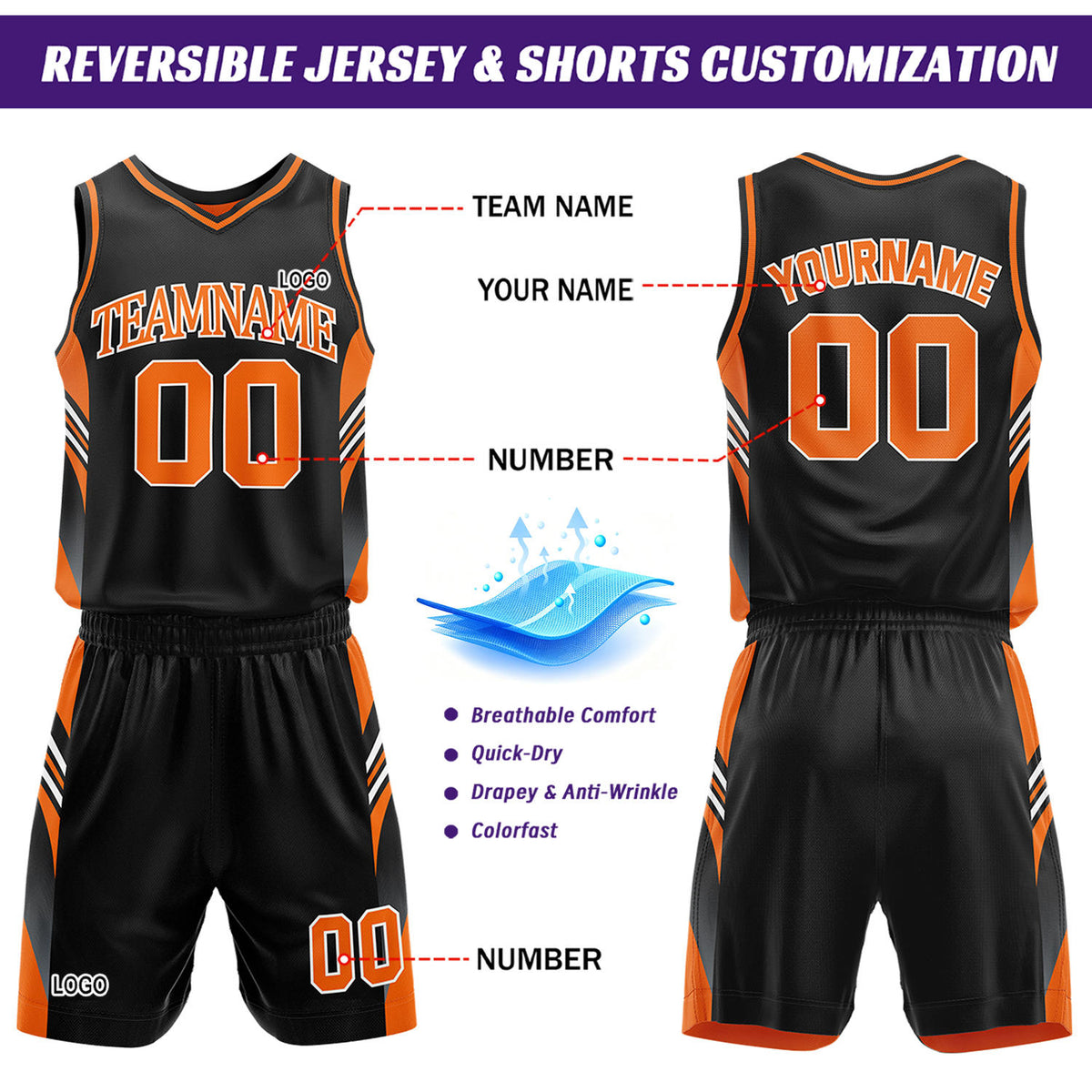 Custom Black & Orange Reversible Basketball Uniform Set | Personalized Team Jersey Kit