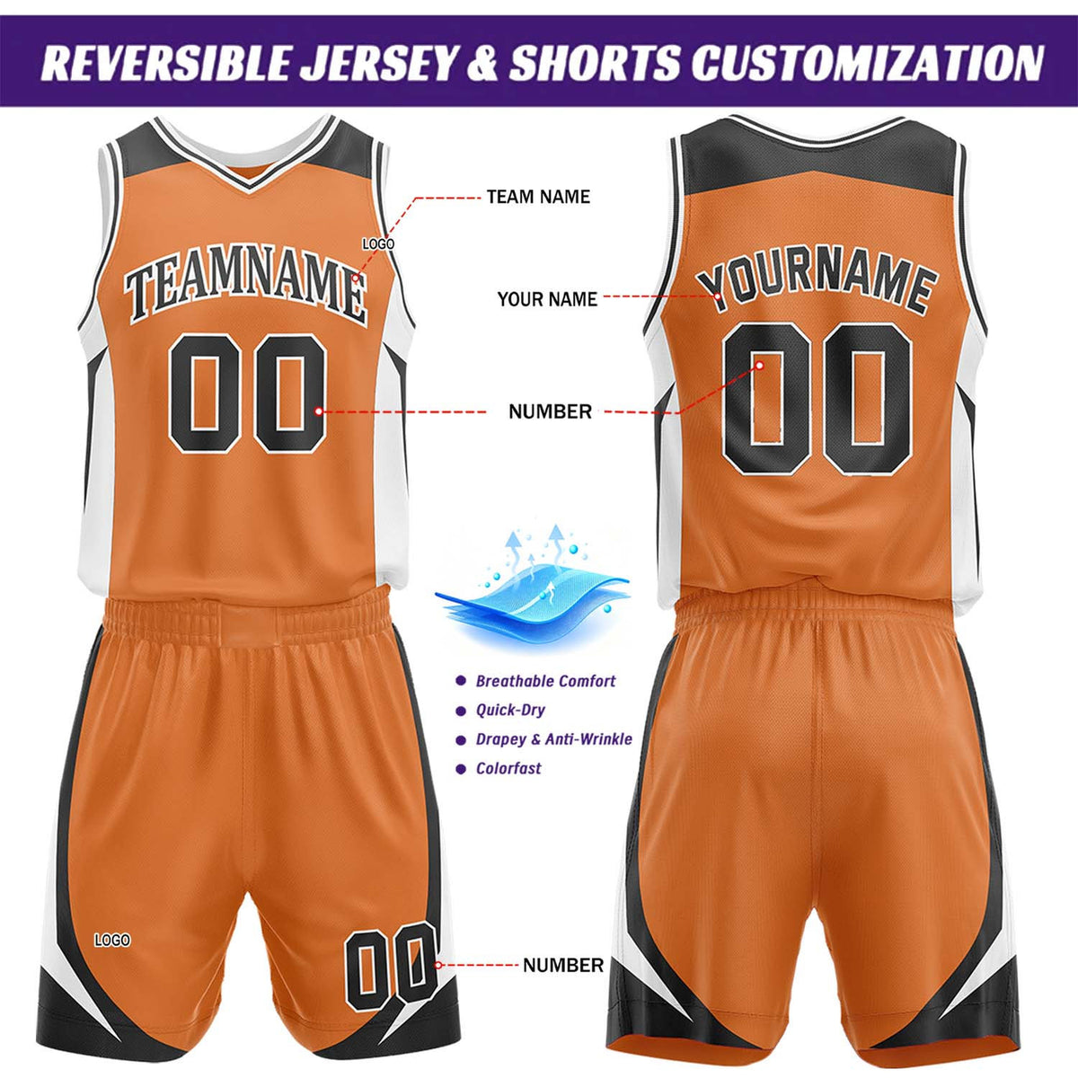 Custom Black & Orange Reversible Basketball Jersey Short Set | Personalized Team Uniforms Set for Adult Youth