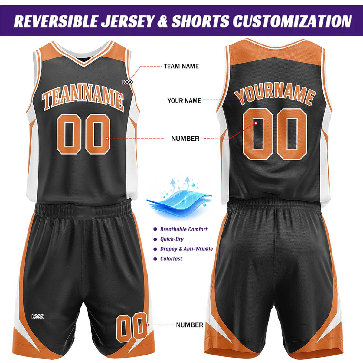 Custom Black & Orange Reversible Basketball Jersey Short Set | Personalized Team Uniforms Set for Adult Youth