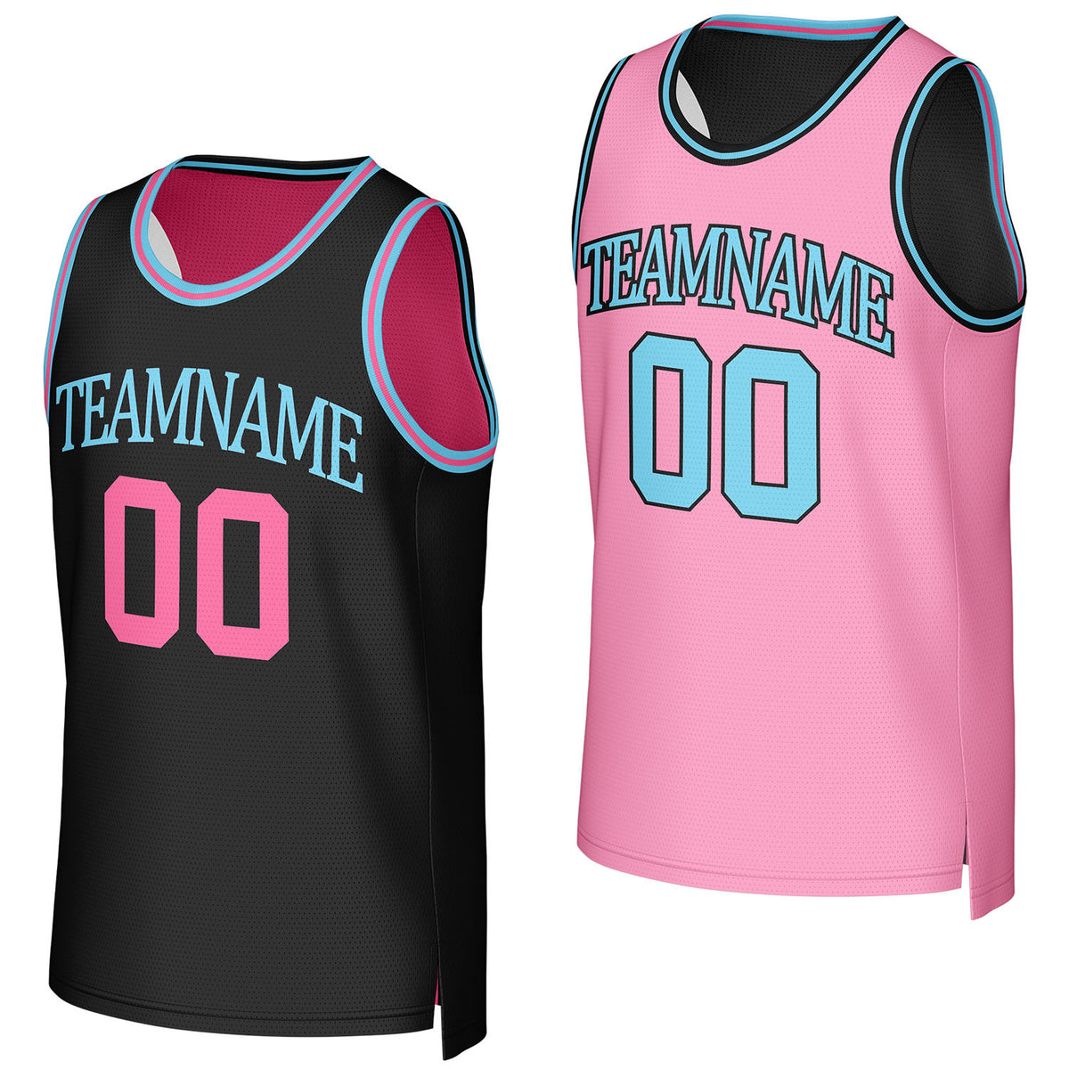 Custom black &amp; pink reversible basketball jersey by Vosoli. Personalized with team name, number, and logo. Breathable mesh jersey for high school, college, AAU teams.