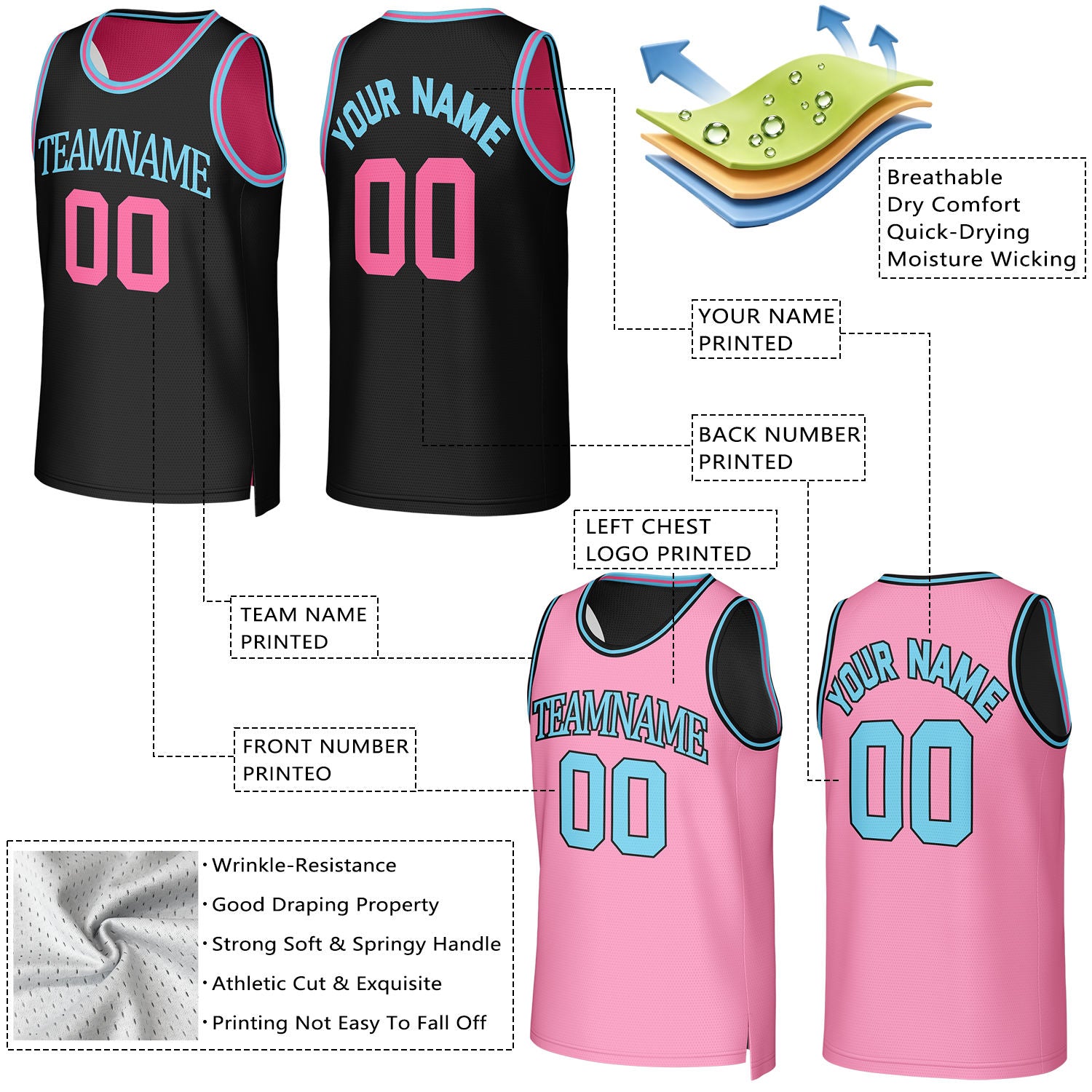 Custom Black & Pink Reversible Basketball Jersey | Personalized Team Uniform Top