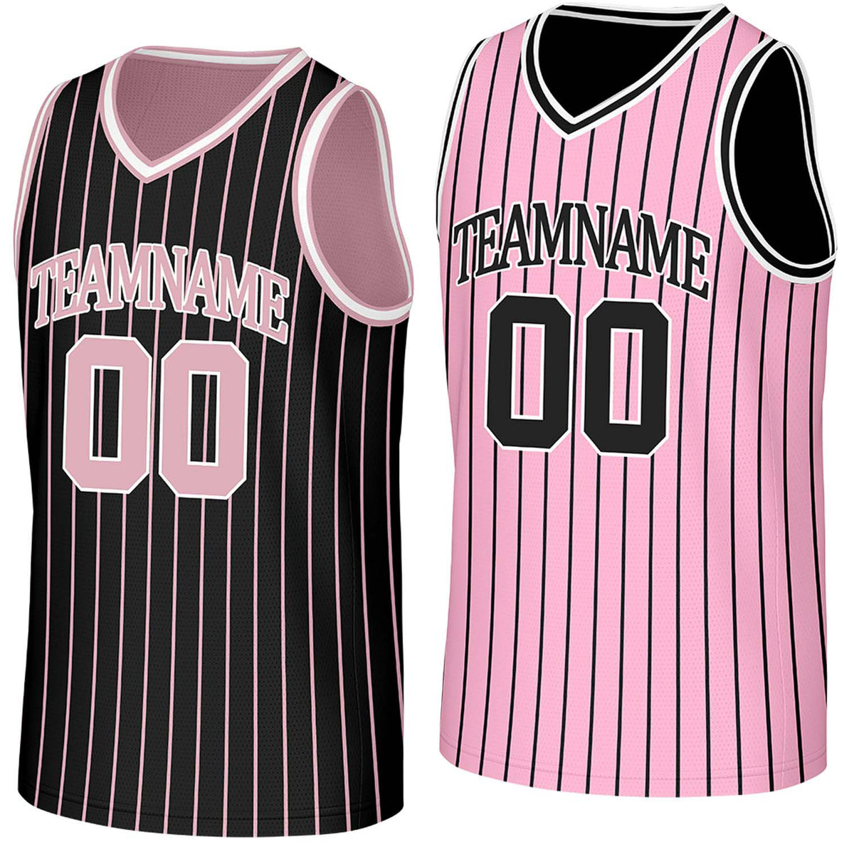 Custom black &amp; pink pinstripe reversible basketball jersey by Vosoli | Personalized team name, number &amp; logo | Breathable mesh reversible sport jersey