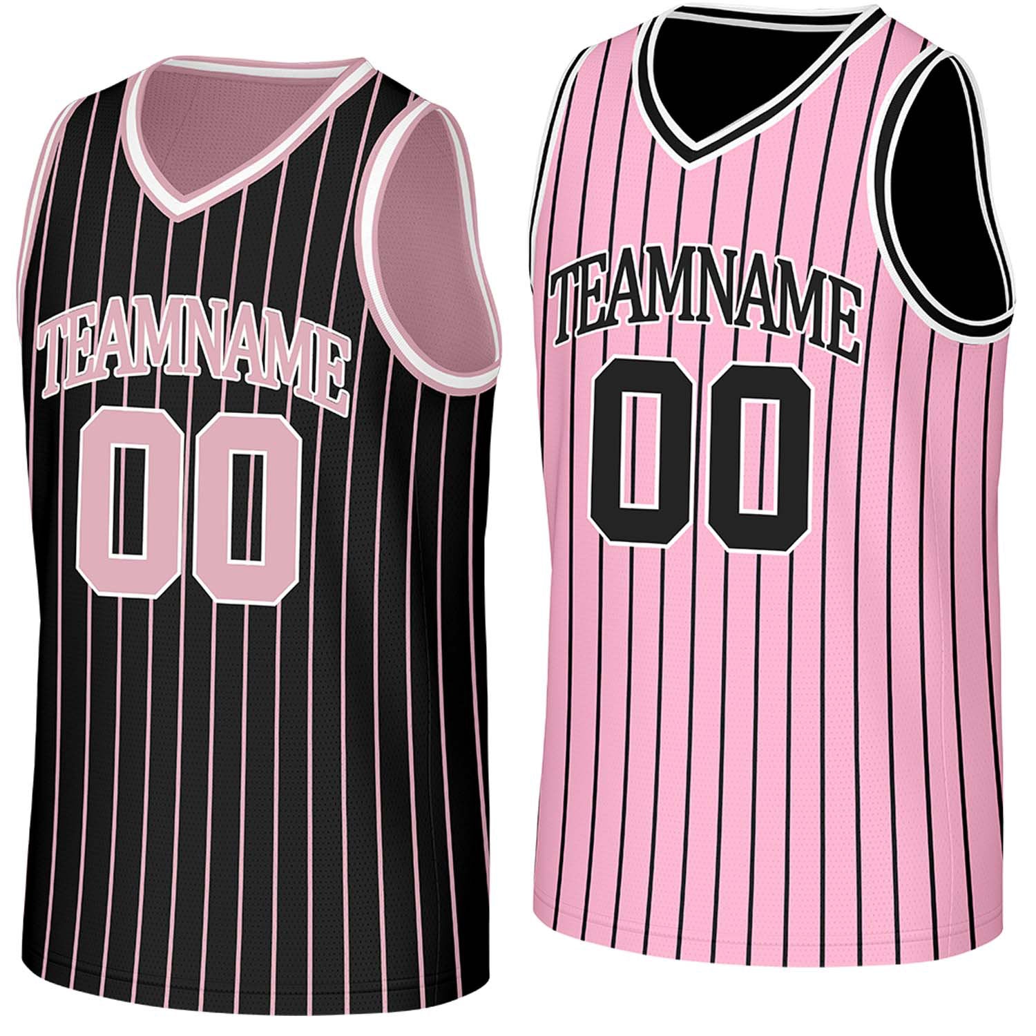 Custom black & pink pinstripe reversible basketball jersey by Vosoli | Personalized team name, number & logo | Breathable mesh reversible sport jersey