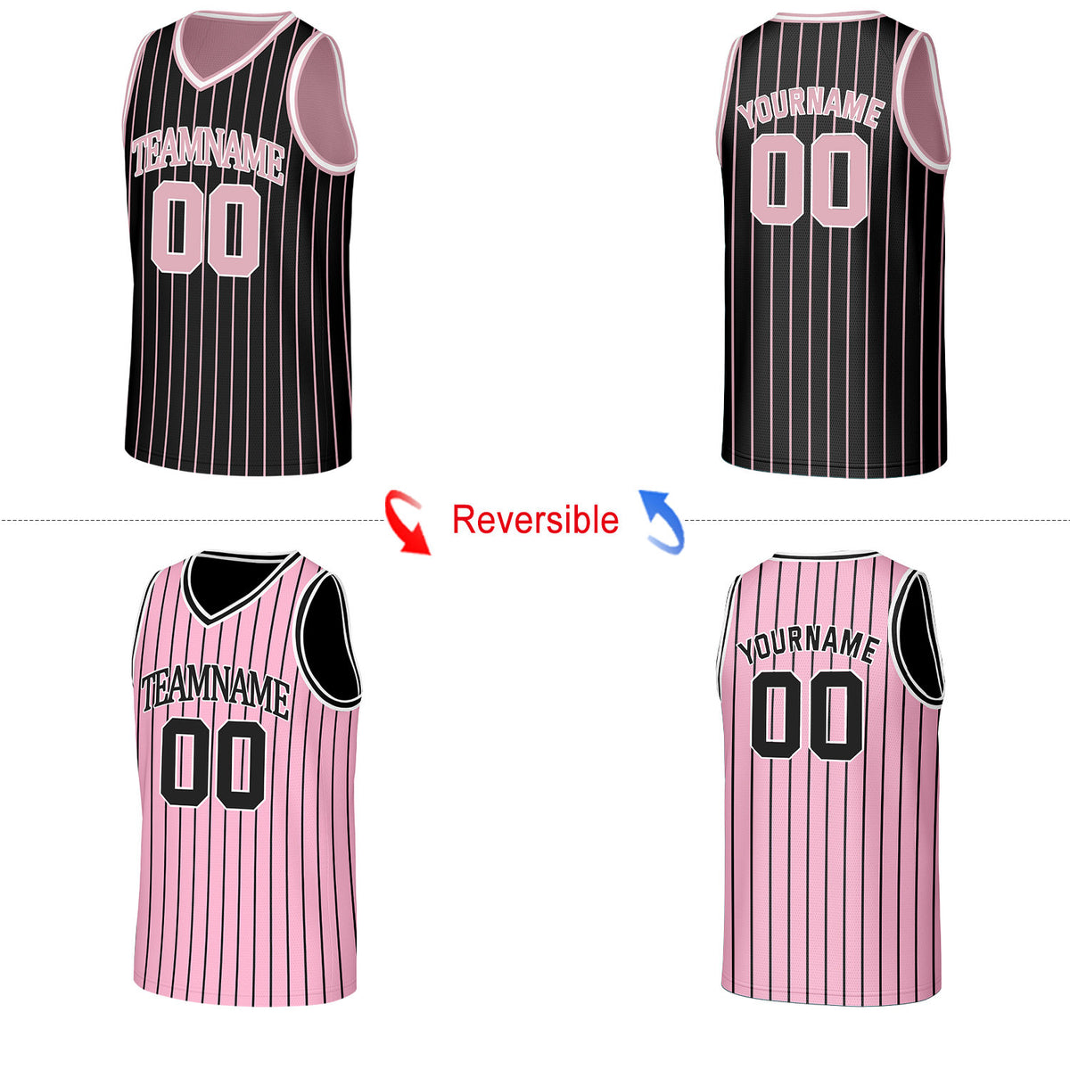 Custom Black & Pink Pinstripe Reversible Basketball Jersey | Personalized Name Number Mesh Sports Jersey