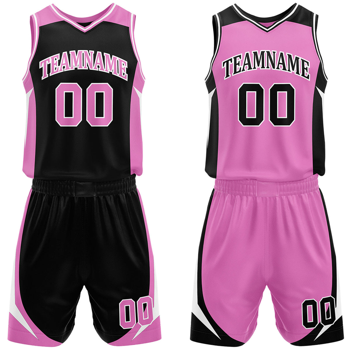 Custom black and pink reversible basketball uniform by Vosoli. Personalized with team name, number, and logo. Breathable mesh jersey and shorts for high school, college, and AAU teams.