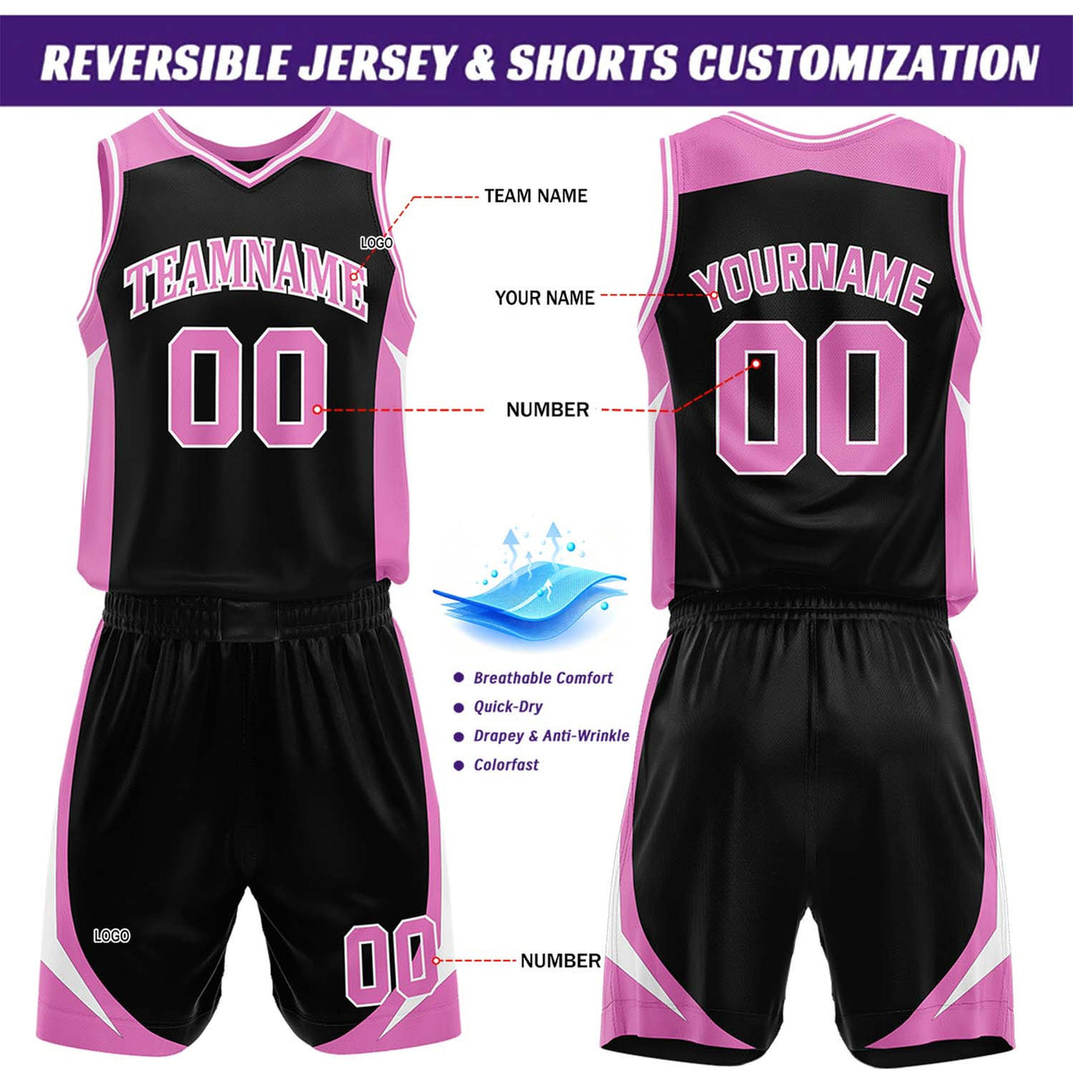 Custom Black & Pink Reversible Basketball Jersey Short Set | Personalized Team Uniforms Set for Adult Youth