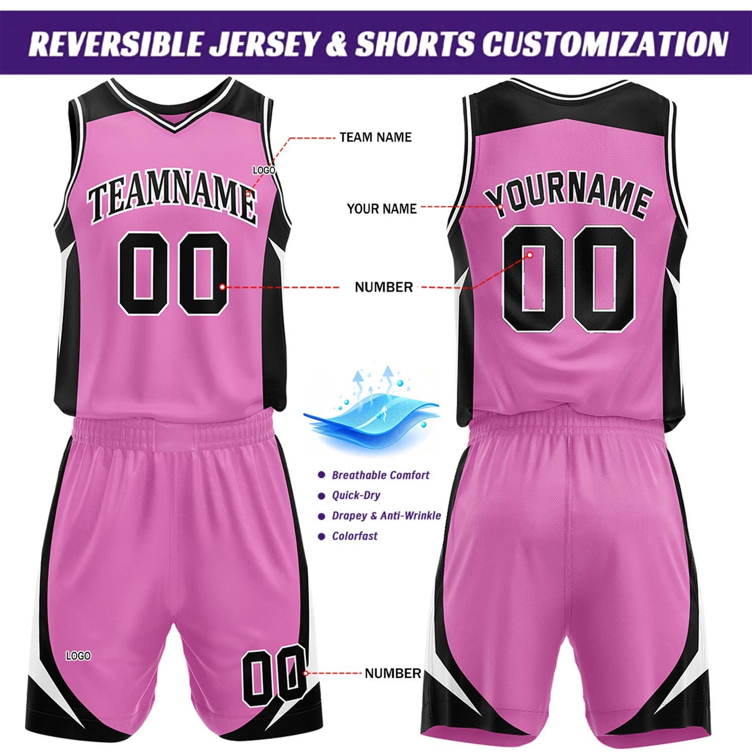 Custom Black & Pink Reversible Basketball Jersey Short Set | Personalized Team Uniforms Set for Adult Youth
