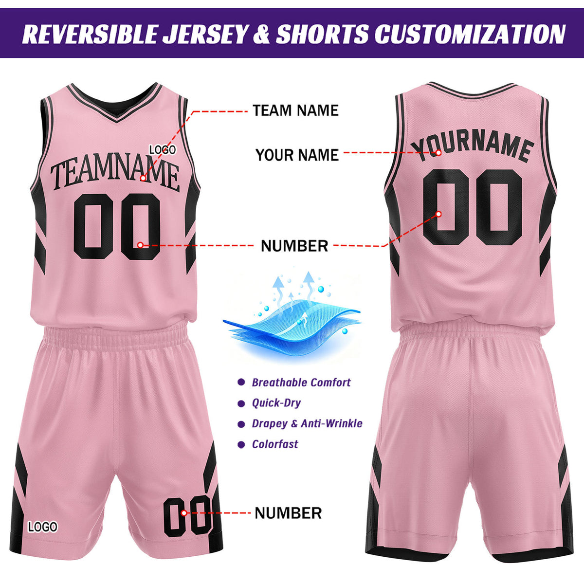 Custom Black & Pink Reversible Mesh Basketball Uniform Set, Personalized Printed Name Number Jersey & Shorts for Adult & Youth