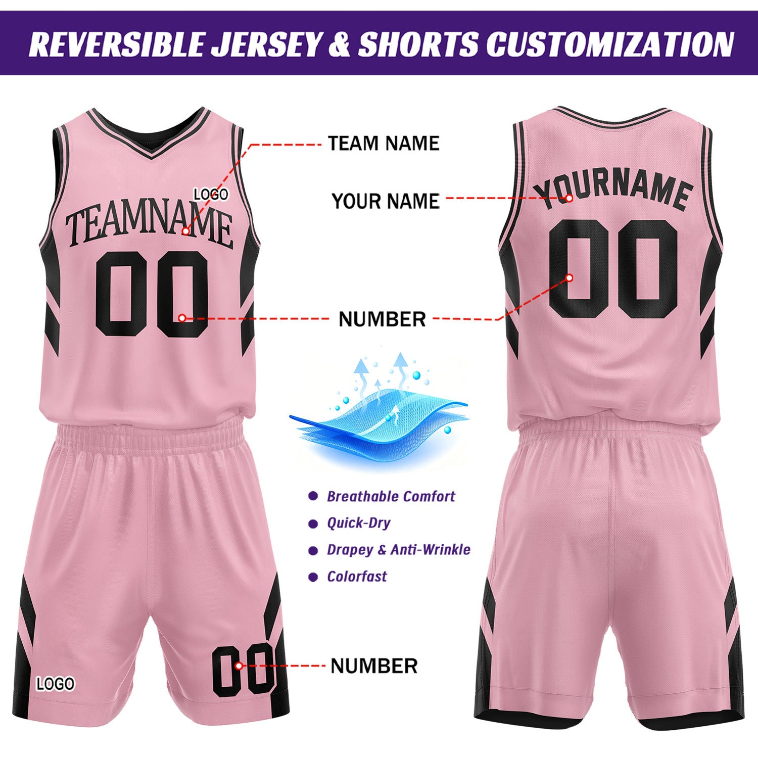 Custom Black & Pink Reversible Mesh Basketball Uniform Set, Personalized Printed Name Number Jersey & Shorts for Adult & Youth