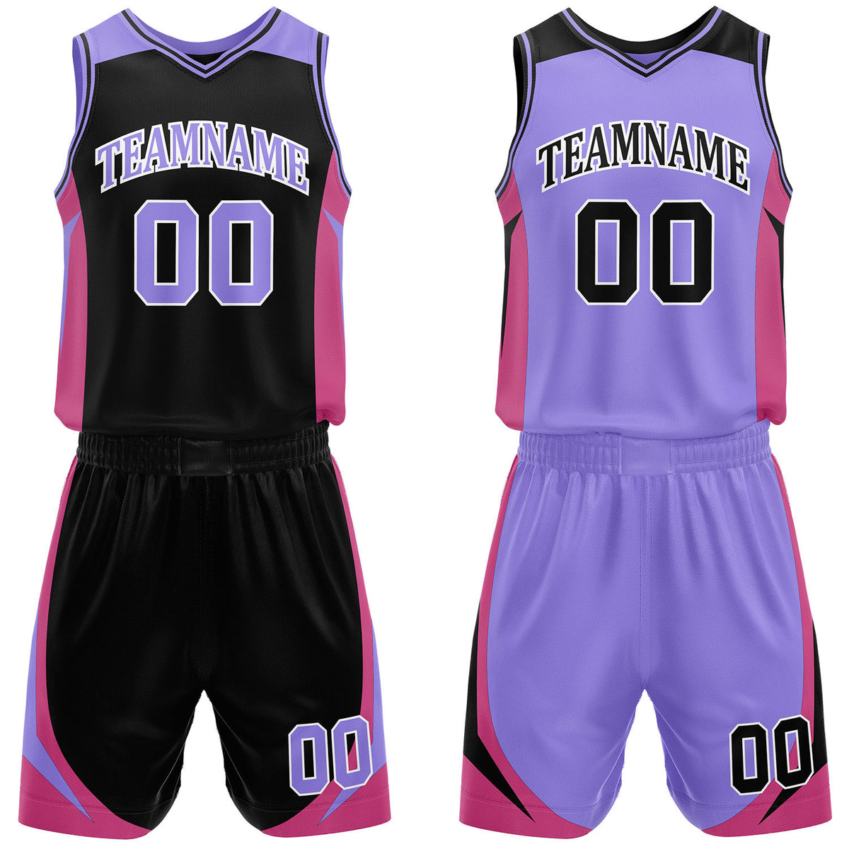Custom black and purple reversible basketball uniform by Vosoli. Personalized with team name, number, and logo. Breathable mesh jersey and shorts for high school, college, and AAU teams.