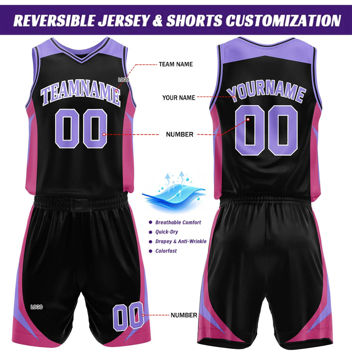Custom Black & Purple Reversible Basketball Jersey Short Set | Personalized Team Uniforms Set for Adult Youth