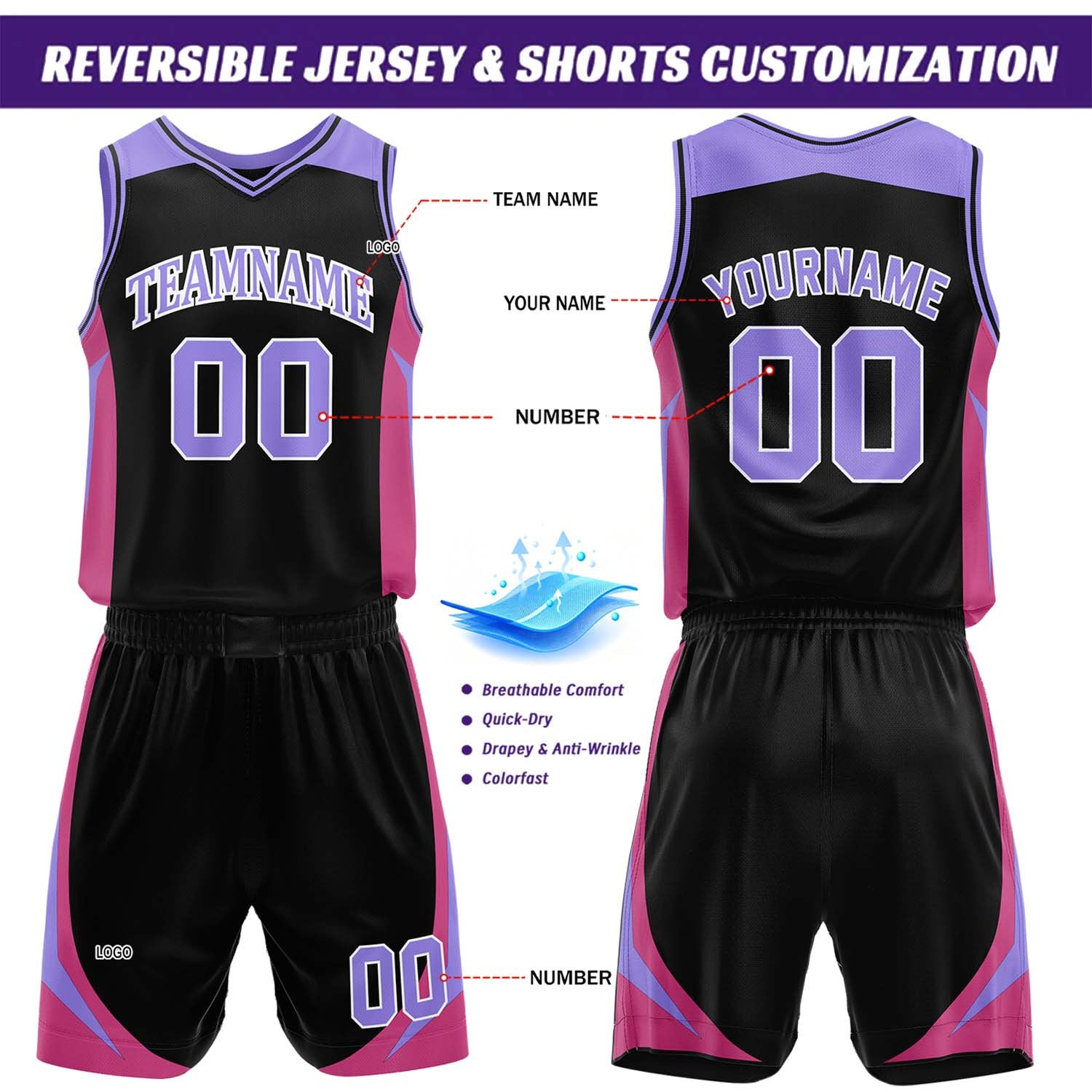 Custom Black & Purple Reversible Basketball Jersey Short Set | Personalized Team Uniforms Set for Adult Youth
