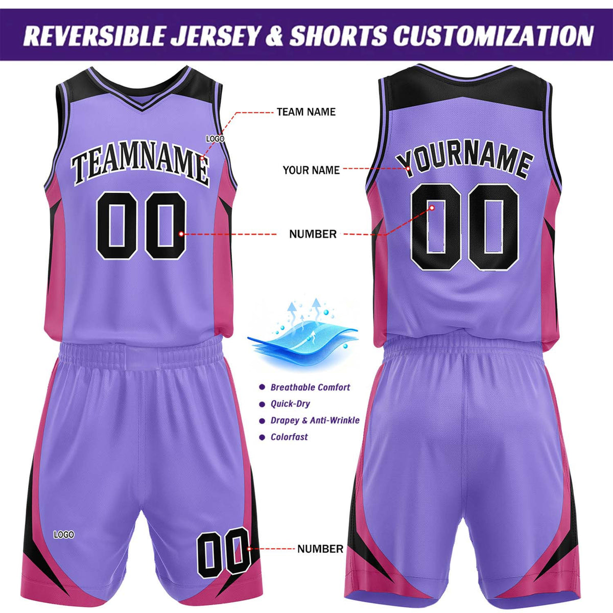 Custom Black & Purple Reversible Basketball Jersey Short Set | Personalized Team Uniforms Set for Adult Youth