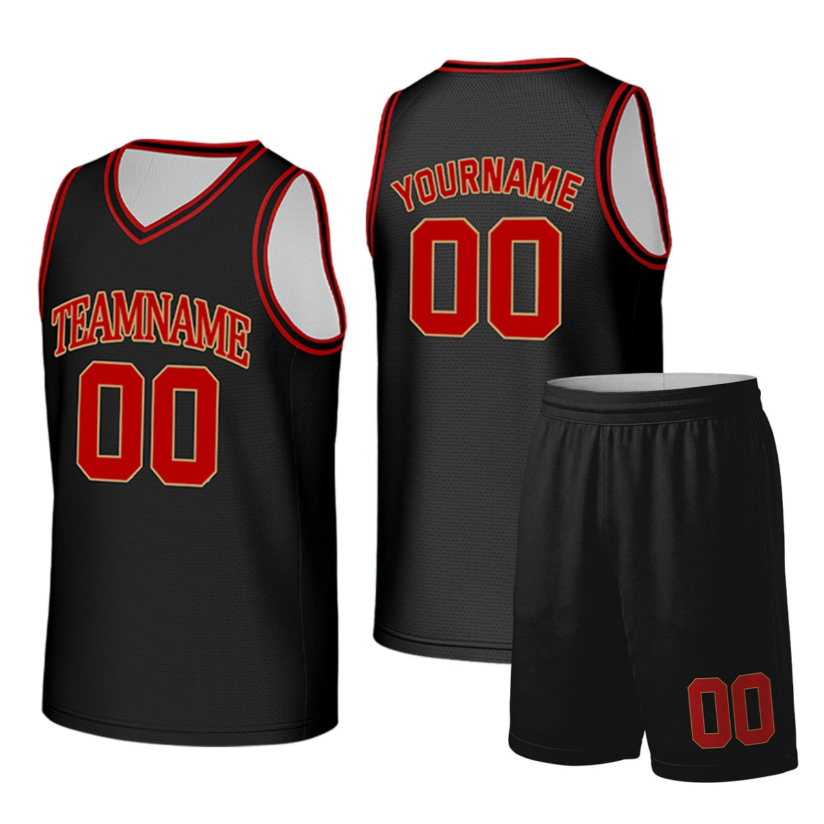 Custom black and red basketball uniform set by Vosoli. Personalized team name, player name, number and logo. Breathable mesh jersey and shorts for high school, college and AAU teams.