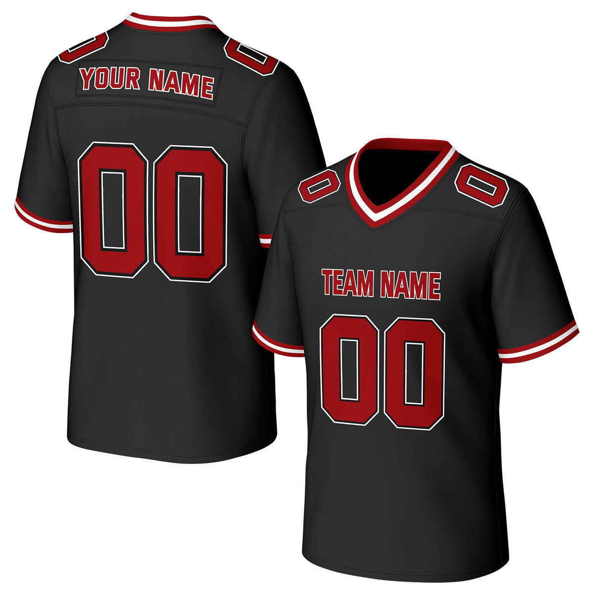 Custom black &amp; red football jersey by Vosoli. Personalized with team name, number, and logo. Breathable mesh jersey for high school, college, football teams.