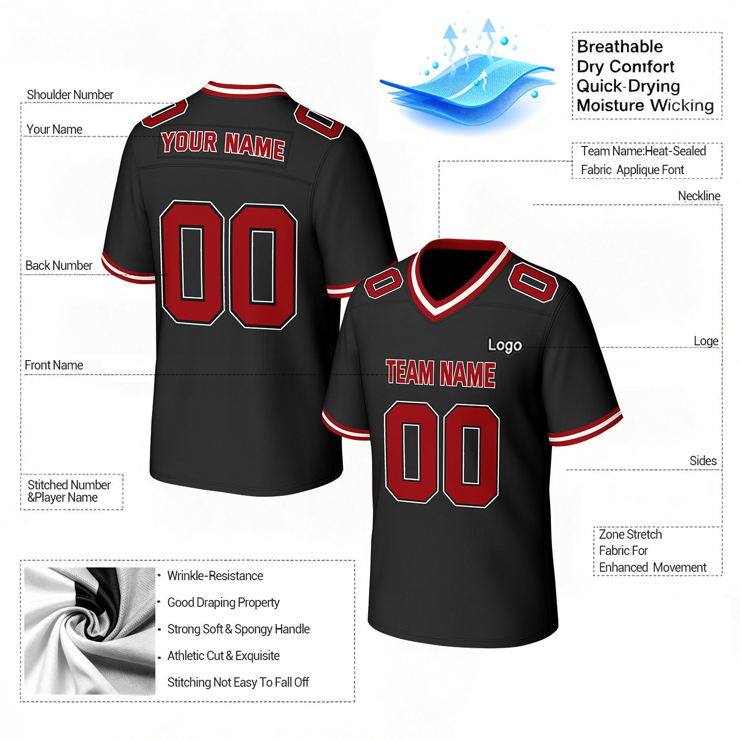 Custom Black & Red Football Jersey | Personalized Football Team Uniform Top