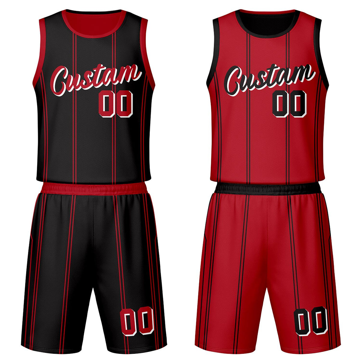 Custom black & red vertical‑stripe reversible basketball jersey set with shorts by Vosoli | Personalized team name, number & logo | Breathable mesh sport jersey uniform