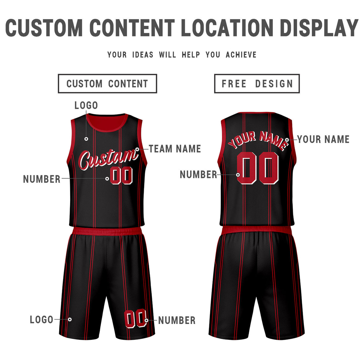 Custom Black Red Reversible Basketball Jersey Set | Personalized Name Number Mesh Sports Uniform
