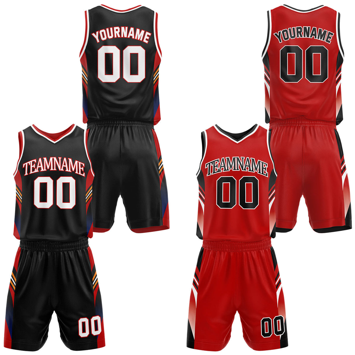 Custom black and red reversible basketball uniform by Vosoli. Personalized with team name, number, and logo. Breathable mesh jersey and shorts for high school, college, AAU teams.