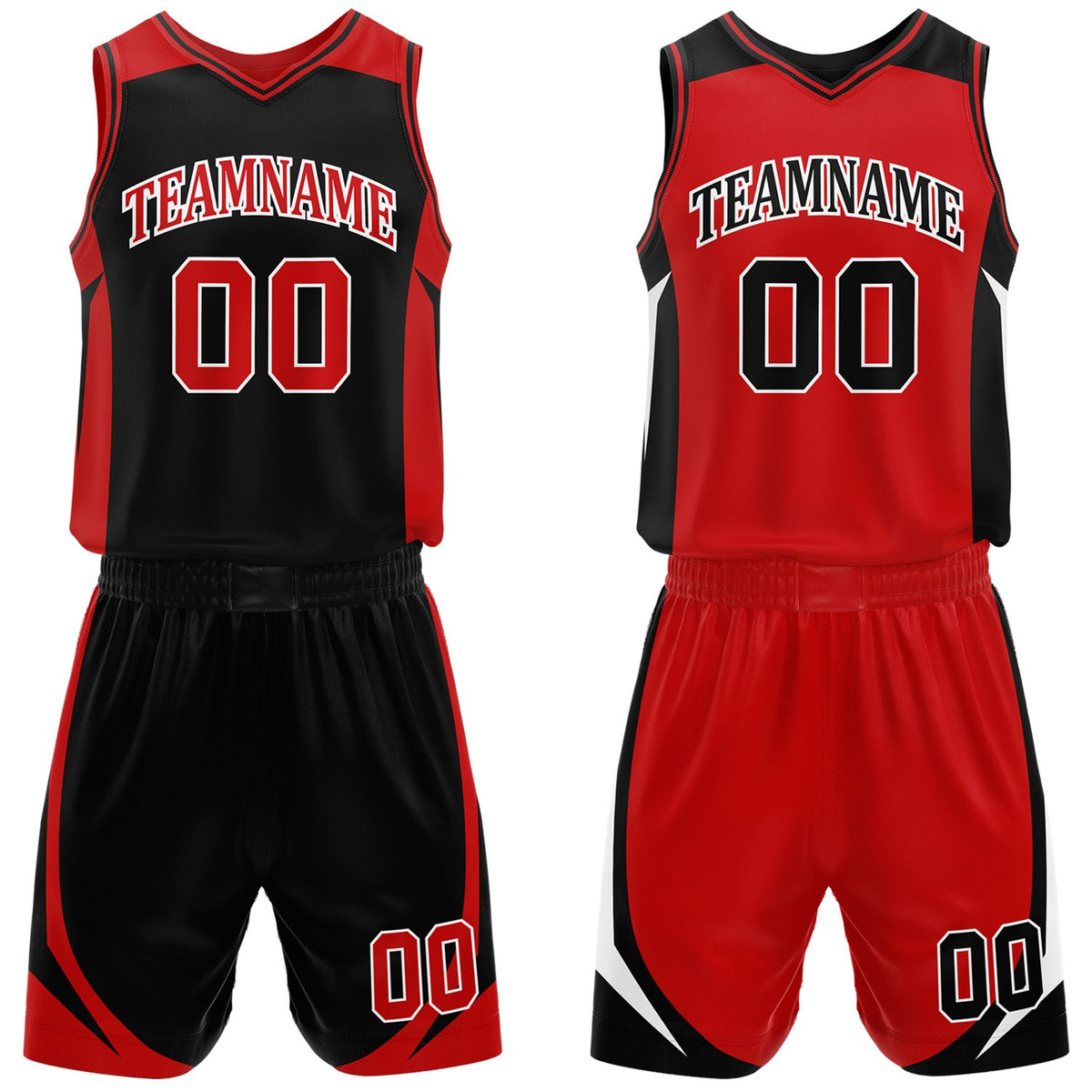 Custom black and red reversible basketball uniform by Vosoli. Personalized with team name, number, and logo. Breathable mesh jersey and shorts for high school, college, and AAU teams.