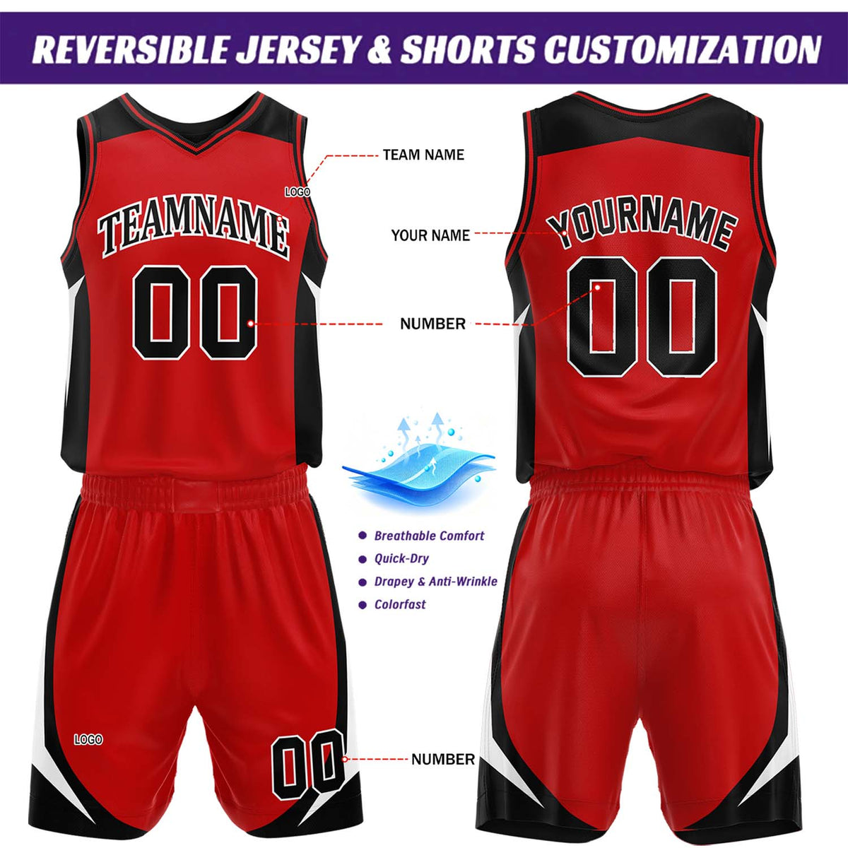 Custom Black & Red Reversible Basketball Jersey Short Set | Personalized Team Uniforms Set for Adult Youth