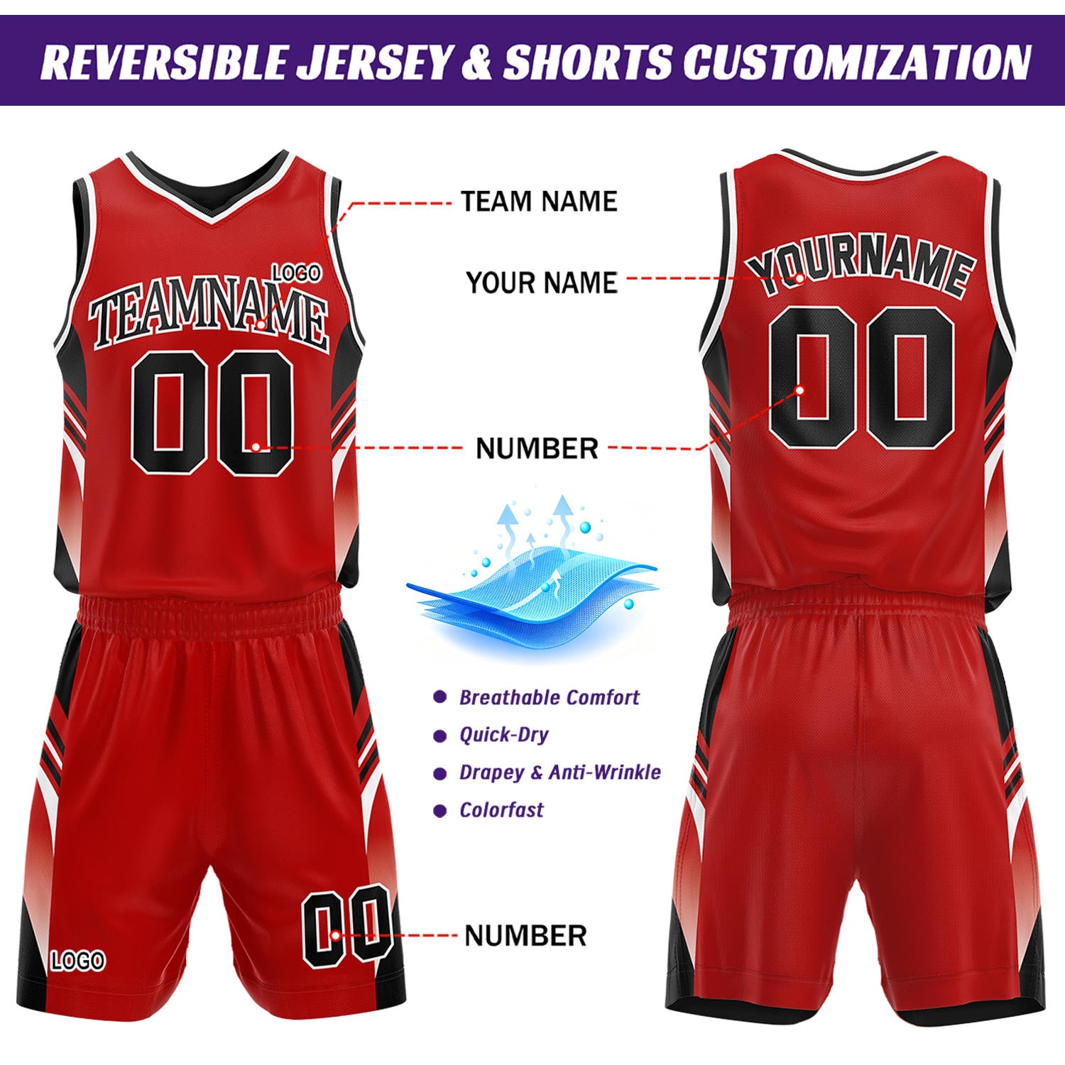 Custom Black & Red Reversible Basketball Uniform Set | Personalized Team Jersey Kit