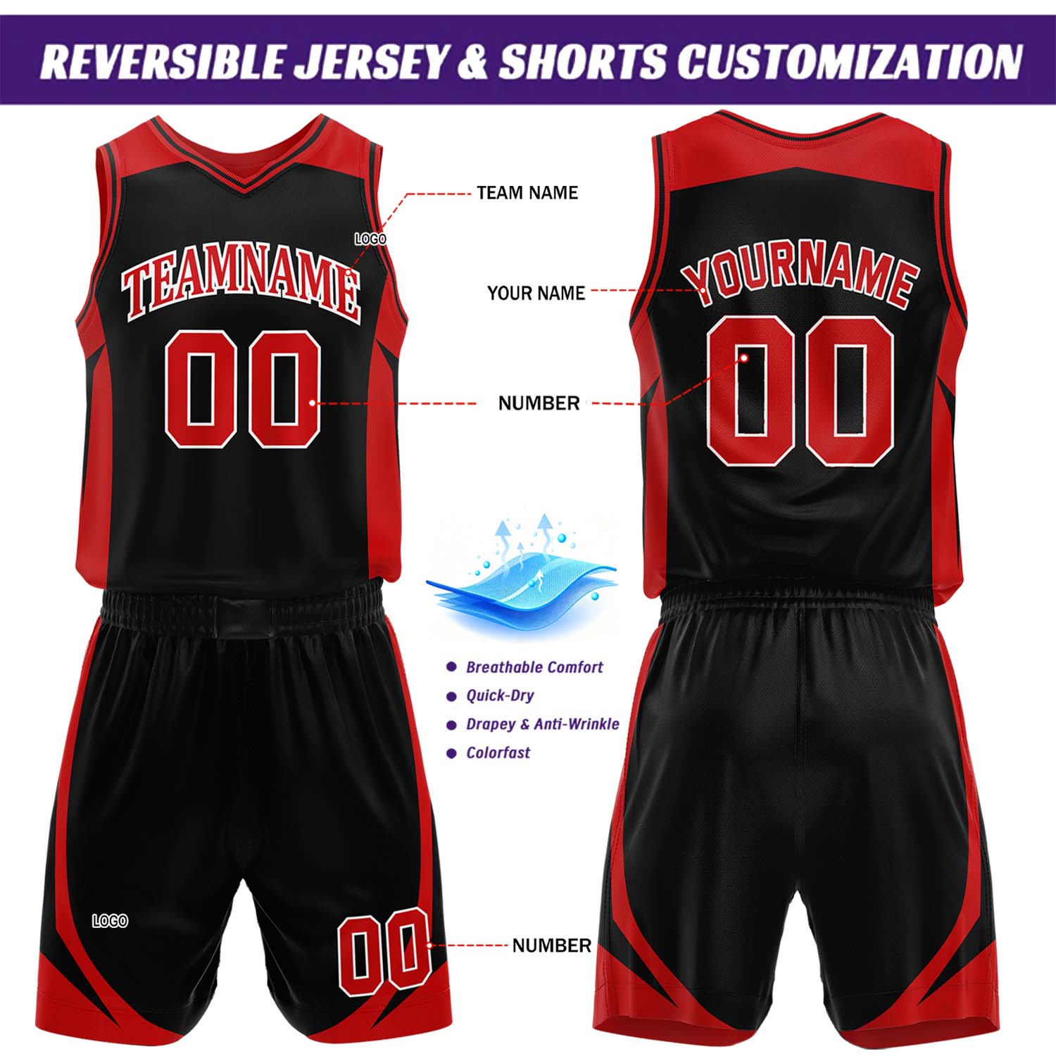 Custom Black & Red Reversible Basketball Jersey Short Set | Personalized Team Uniforms Set for Adult Youth
