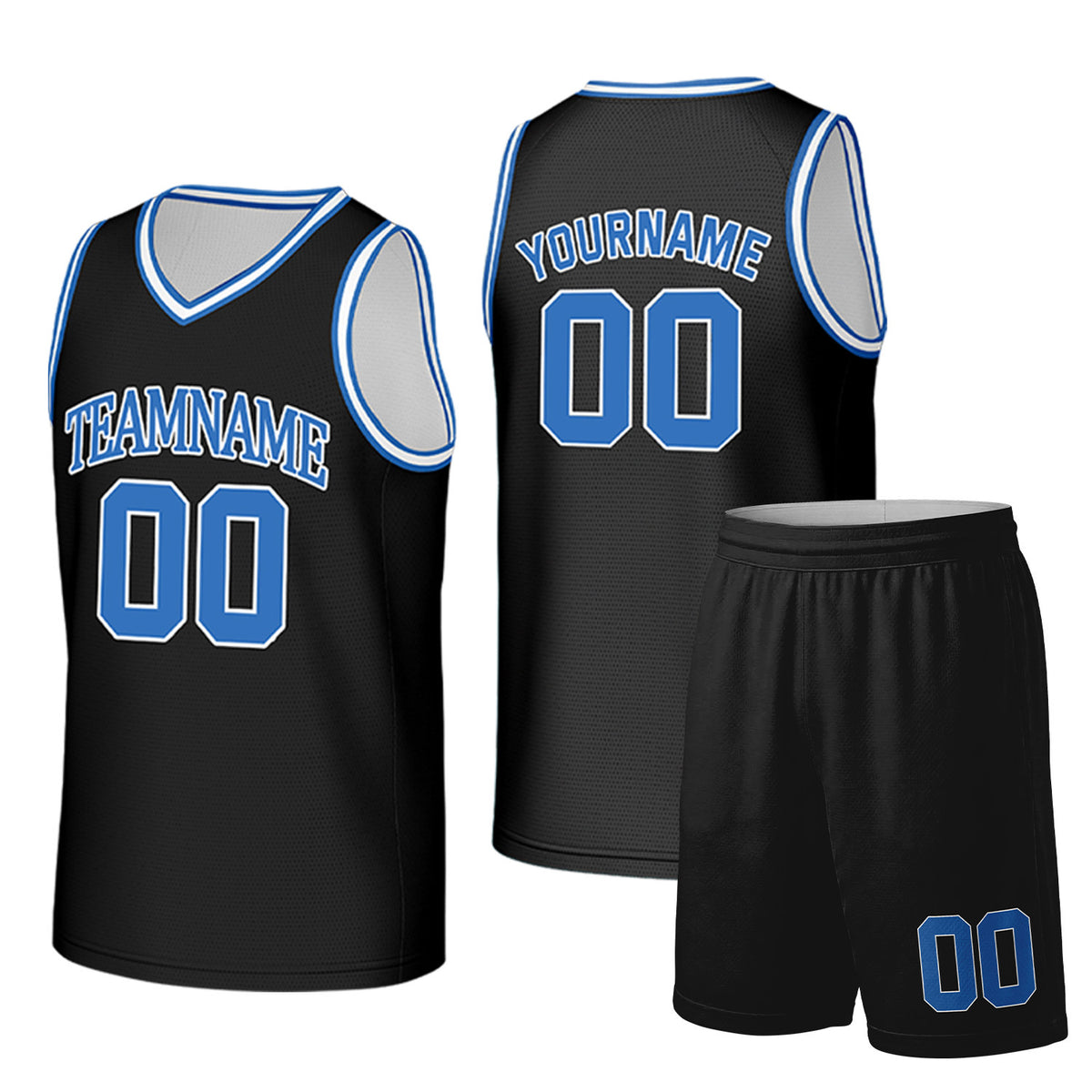 Custom black and royal blue basketball uniform set by Vosoli. Personalized team name, player name, number and logo. Breathable mesh jersey and shorts for high school, college and AAU teams.