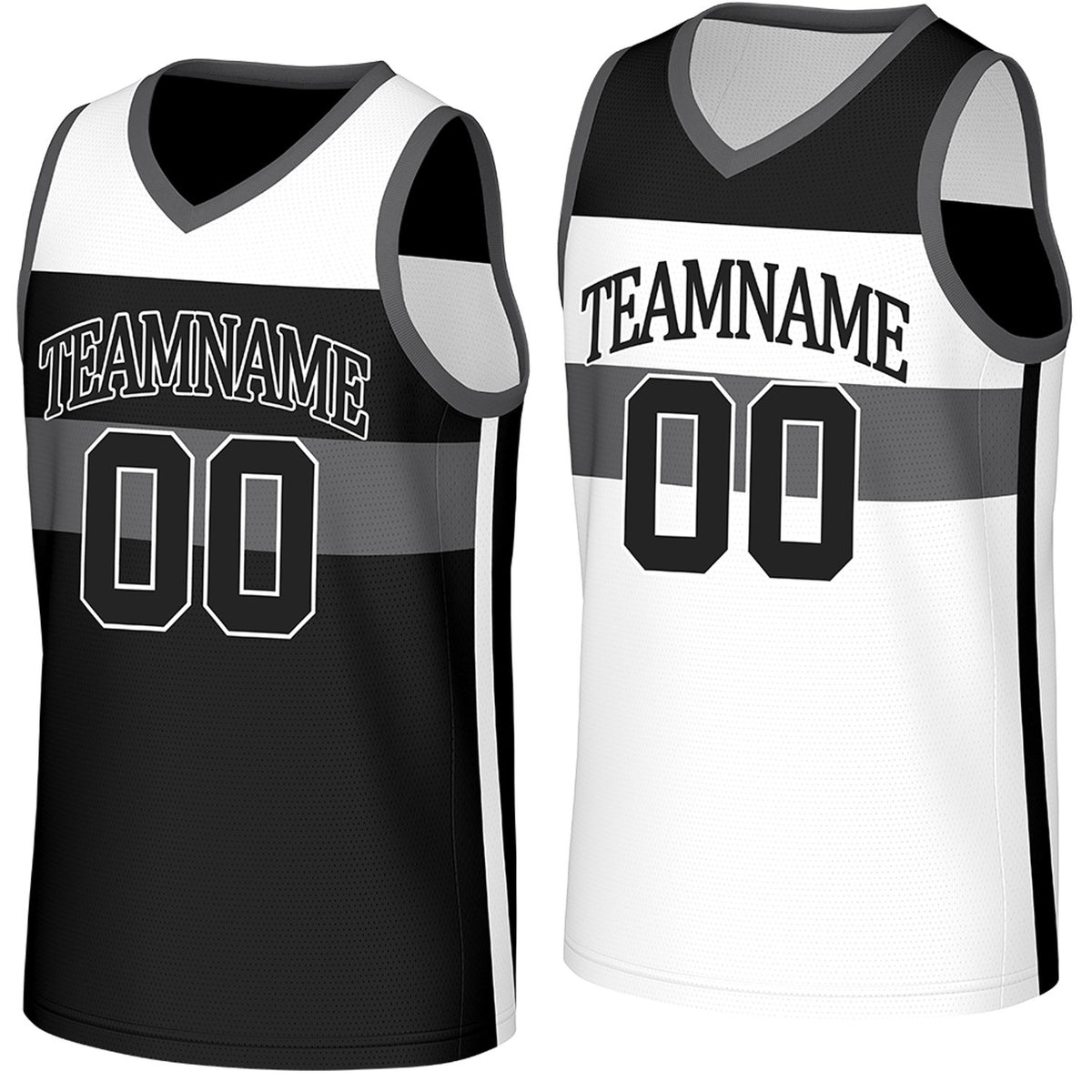 Custom black &amp; white color‑block reversible basketball jersey by Vosoli | Personalized team name, number &amp; logo | Breathable mesh reversible sport jersey