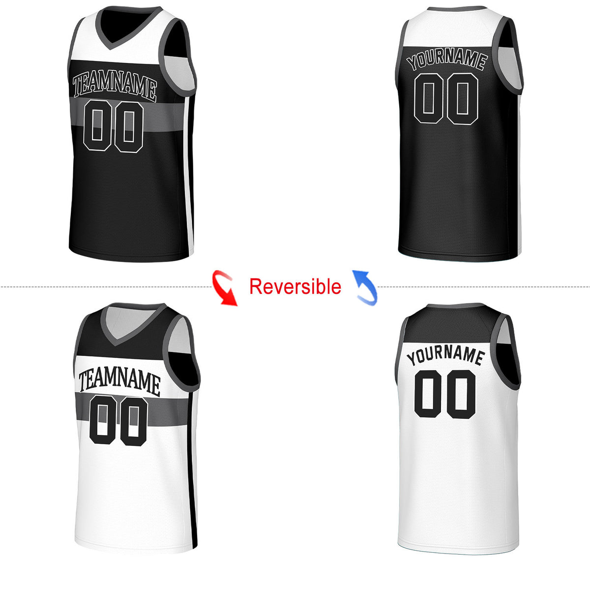 Custom Black & White Color‑Block Reversible Basketball Jersey | Personalized Name Number Mesh Sports Jersey