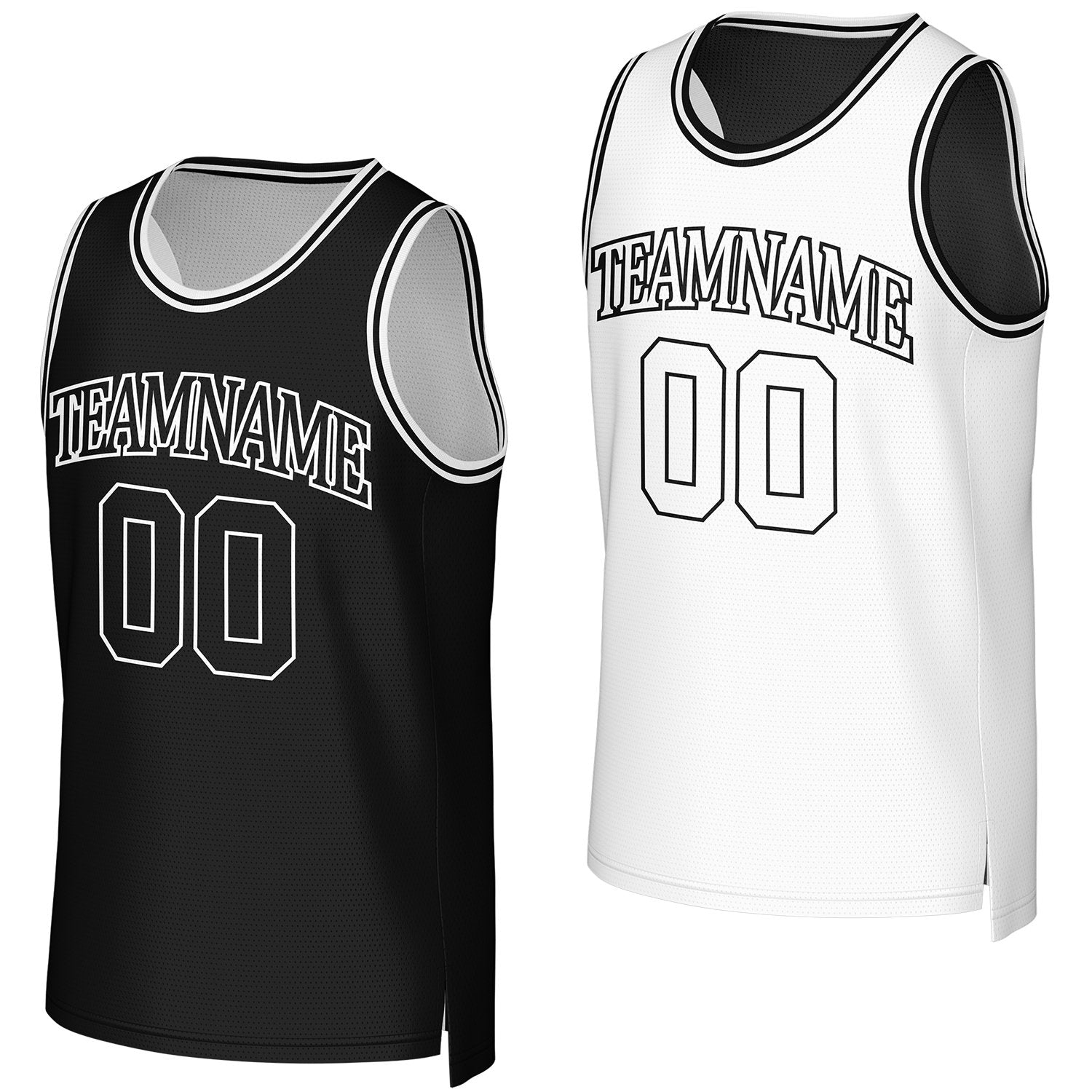 Custom black & white reversible basketball jersey by Vosoli. Personalized with team name, number, and logo. Breathable mesh jersey for high school, college, AAU teams.